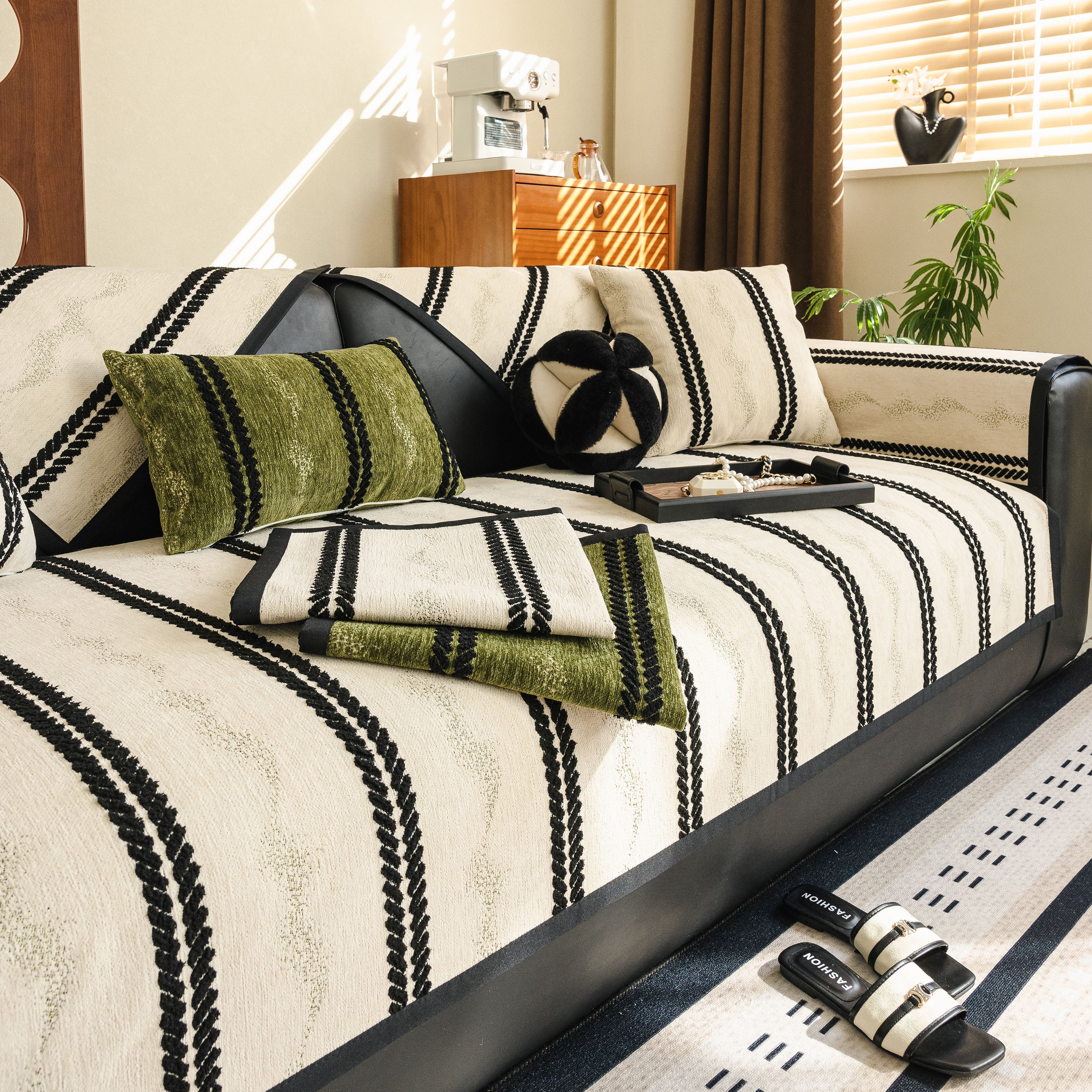 Non-Slip Sofa Cover with Thick Chenille Texture Woven Stripe Couch Protector Throw - Image 77