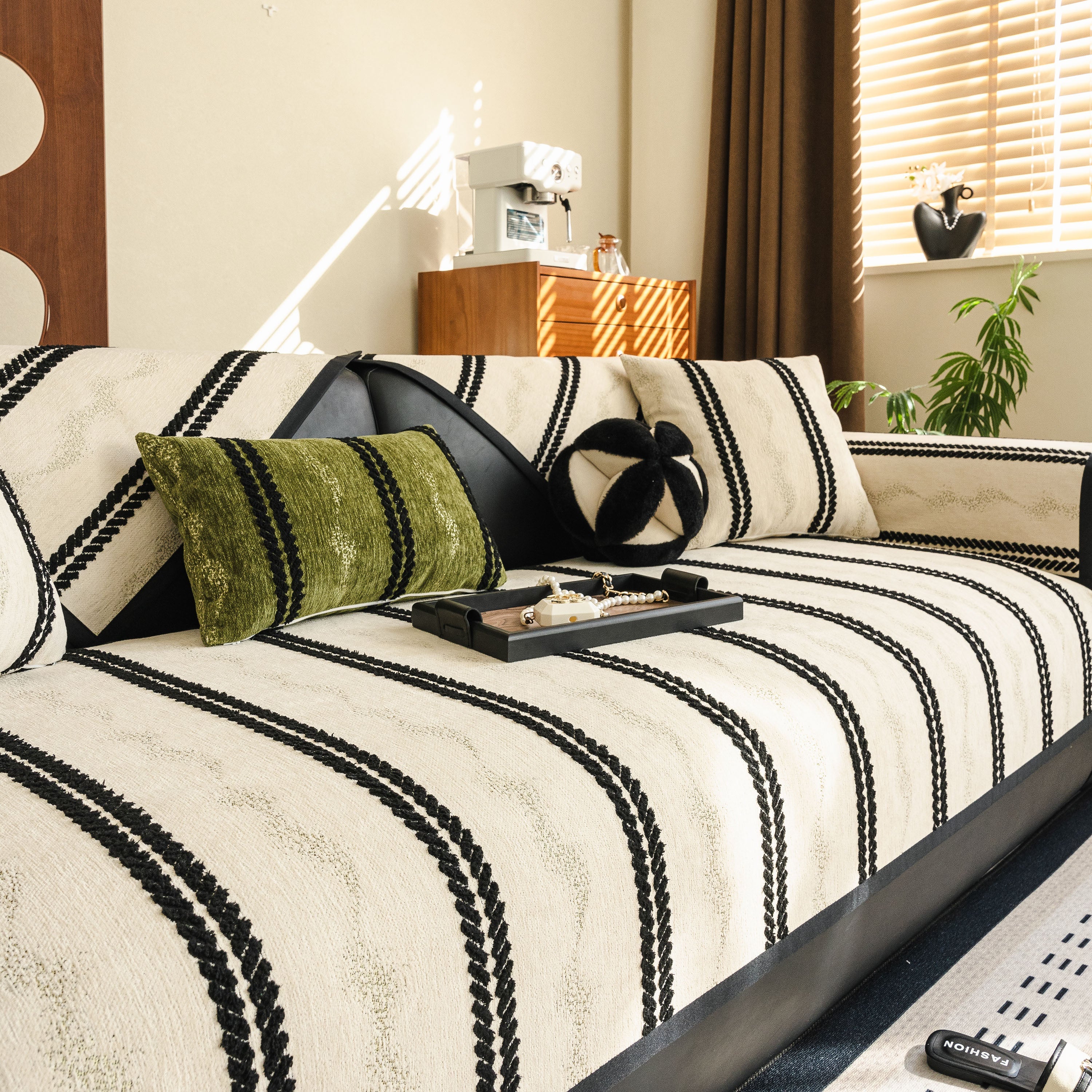 Non-Slip Sofa Cover with Thick Chenille Texture Woven Stripe Couch Protector Throw - Image 78
