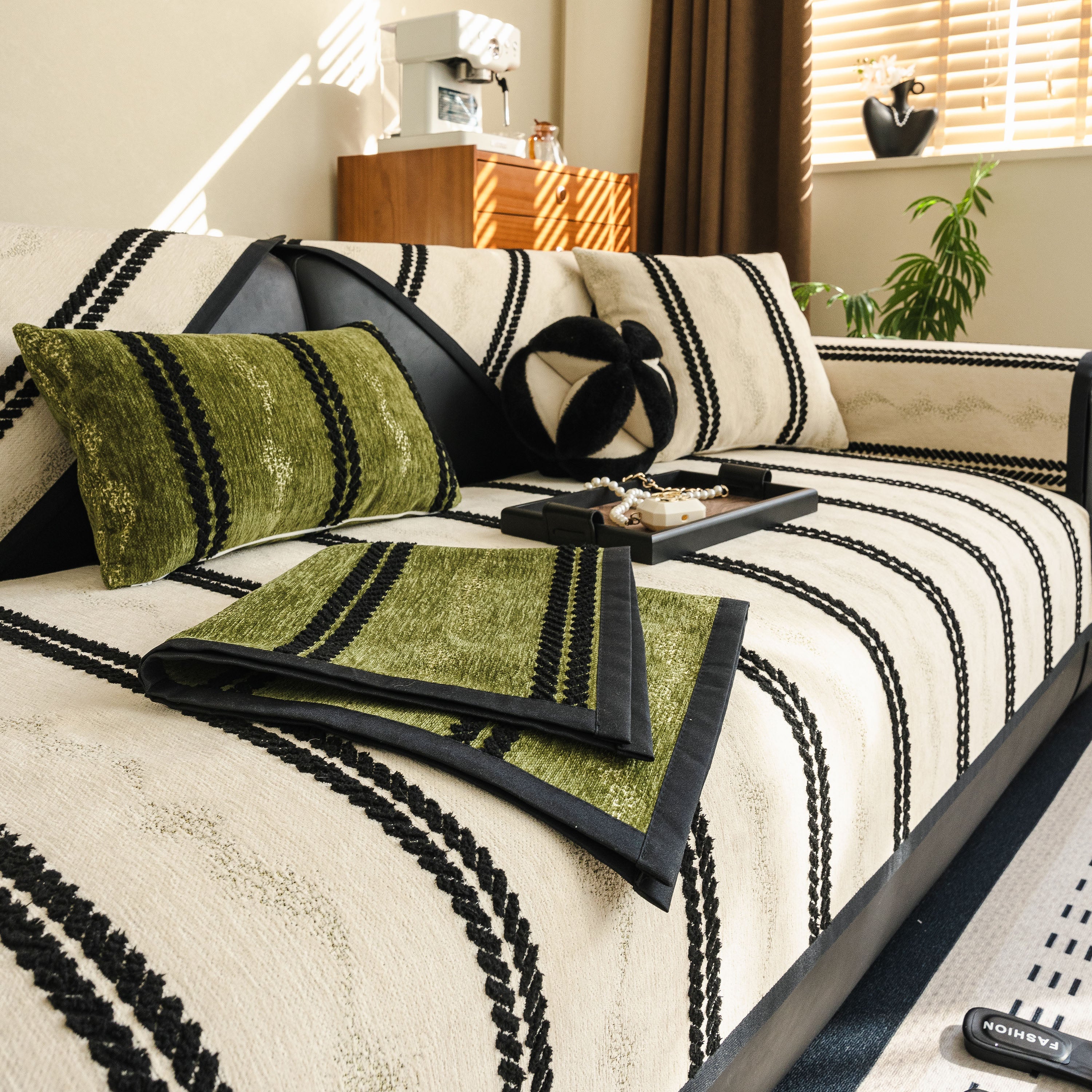 Non-Slip Sofa Cover with Thick Chenille Texture Woven Stripe Couch Protector Throw - Image 79