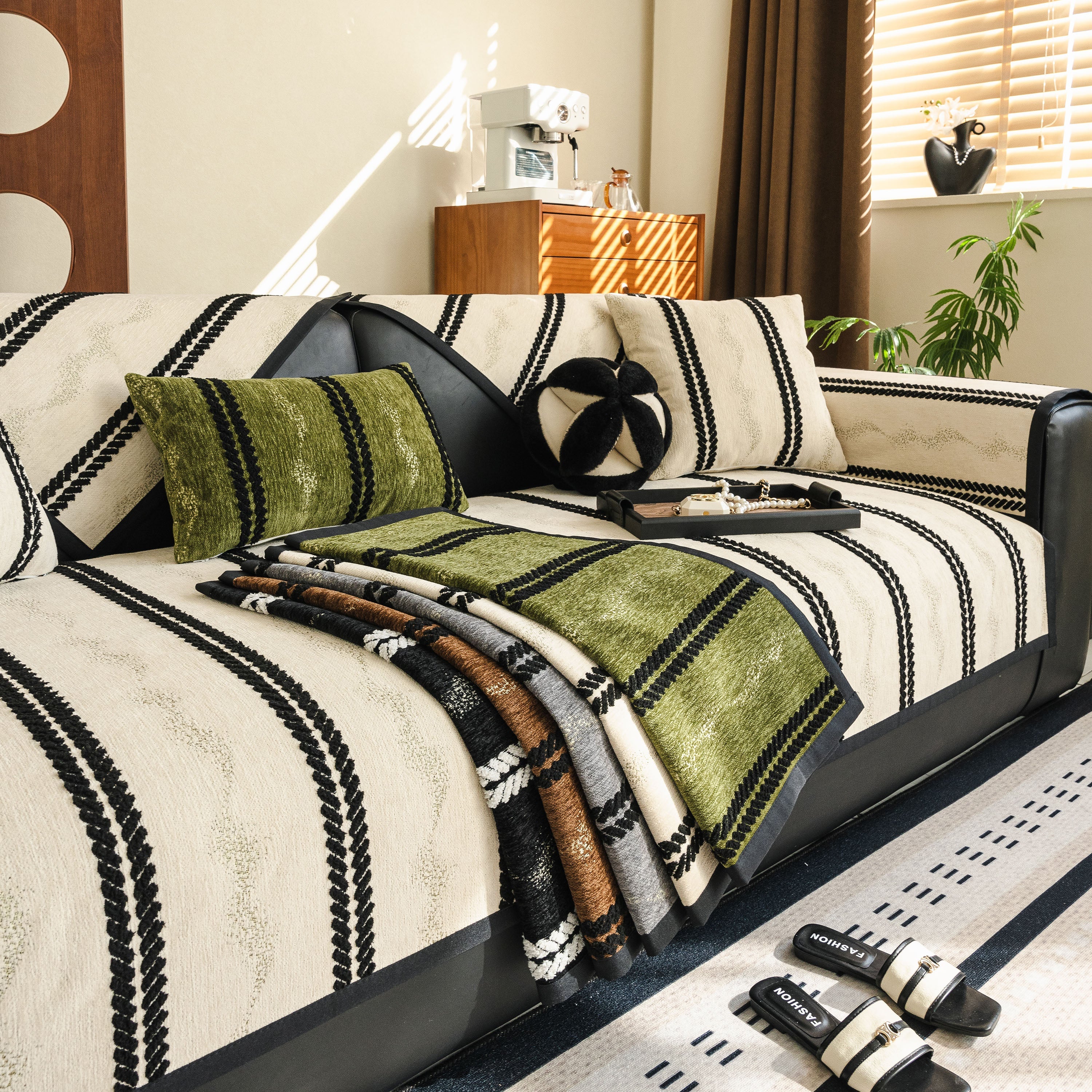 Non-Slip Sofa Cover with Thick Chenille Texture Woven Stripe Couch Protector Throw - Image 81