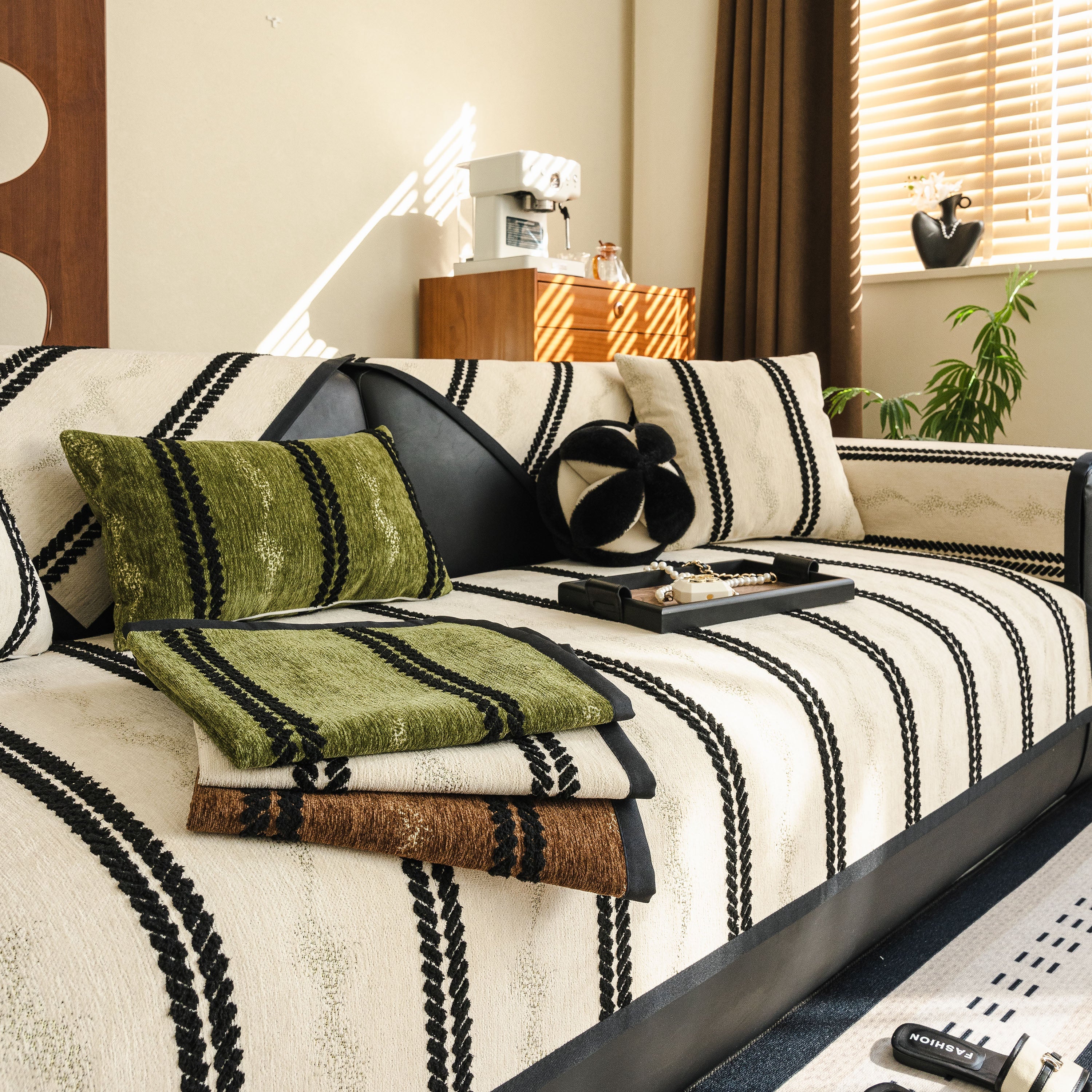 Non-Slip Sofa Cover with Thick Chenille Texture Woven Stripe Couch Protector Throw - Image 84