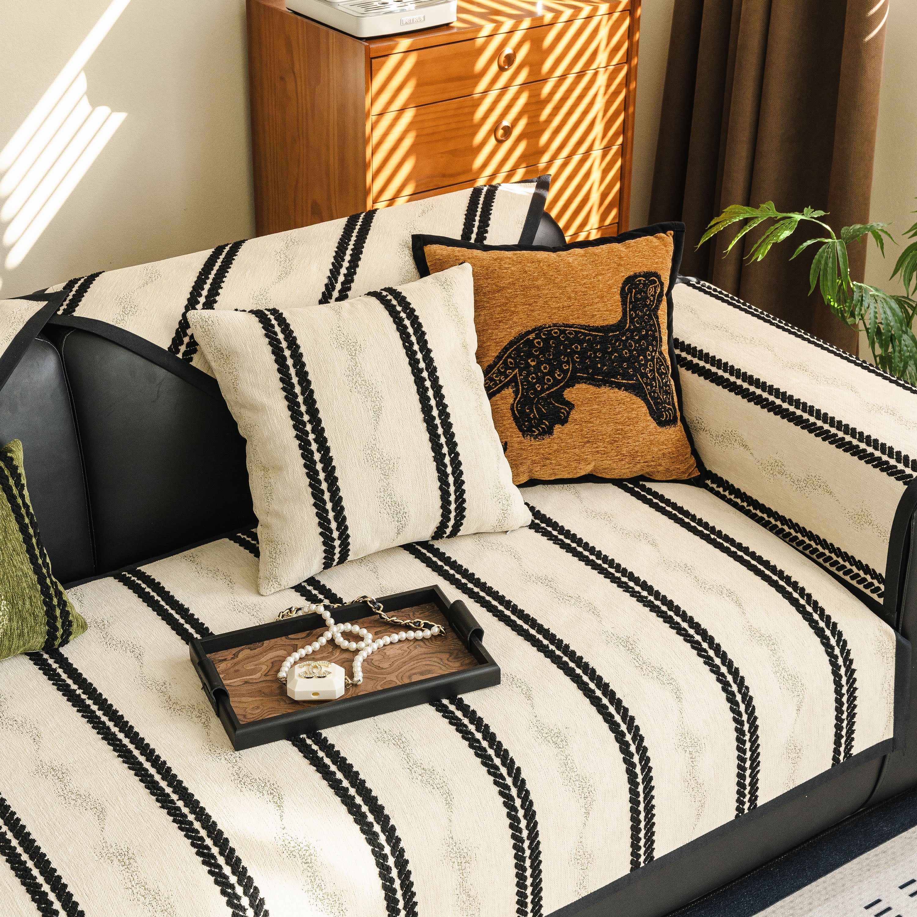 Non-Slip Sofa Cover with Thick Chenille Texture Woven Stripe Couch Protector Throw - Image 86