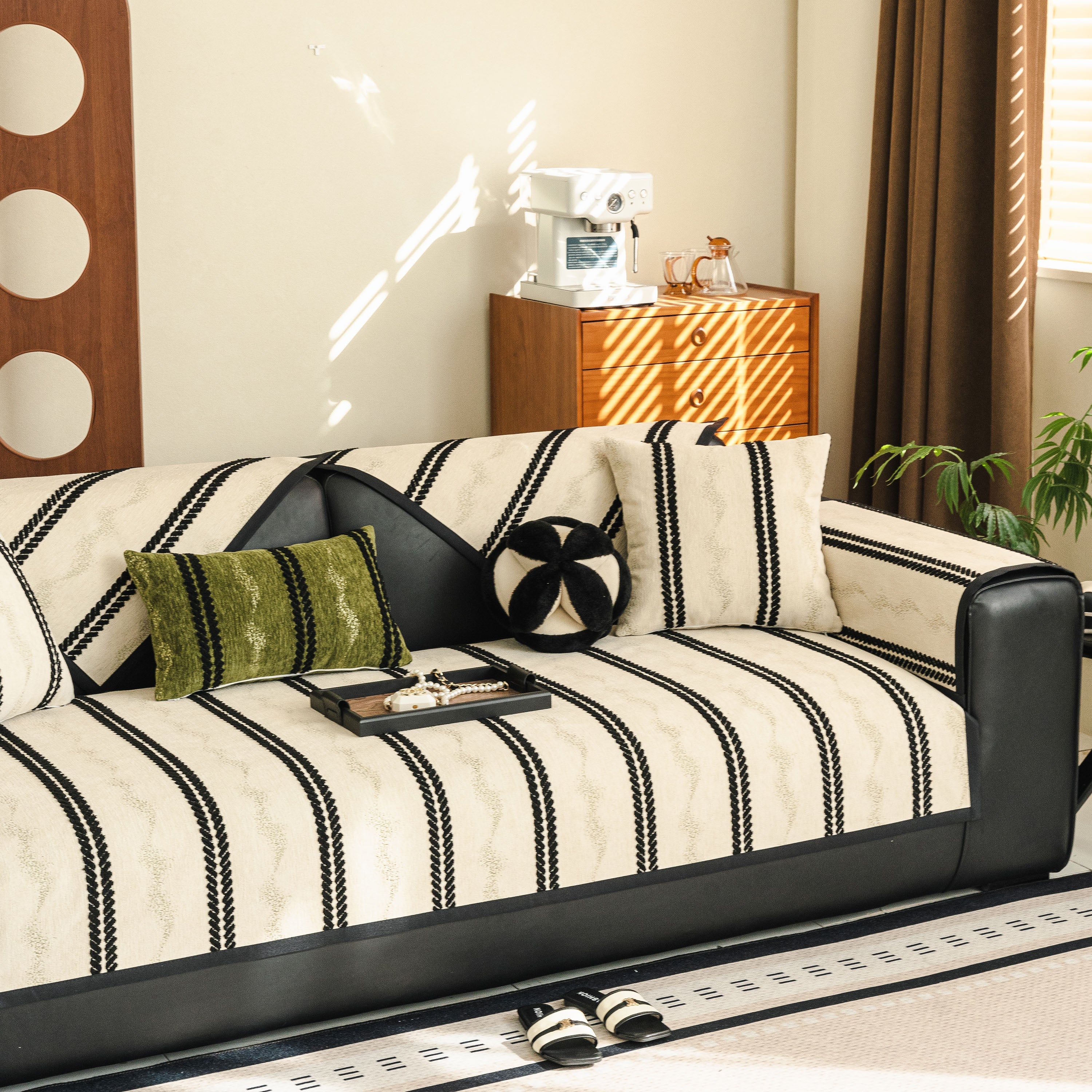 Non-Slip Sofa Cover with Thick Chenille Texture Woven Stripe Couch Protector Throw - Image 87