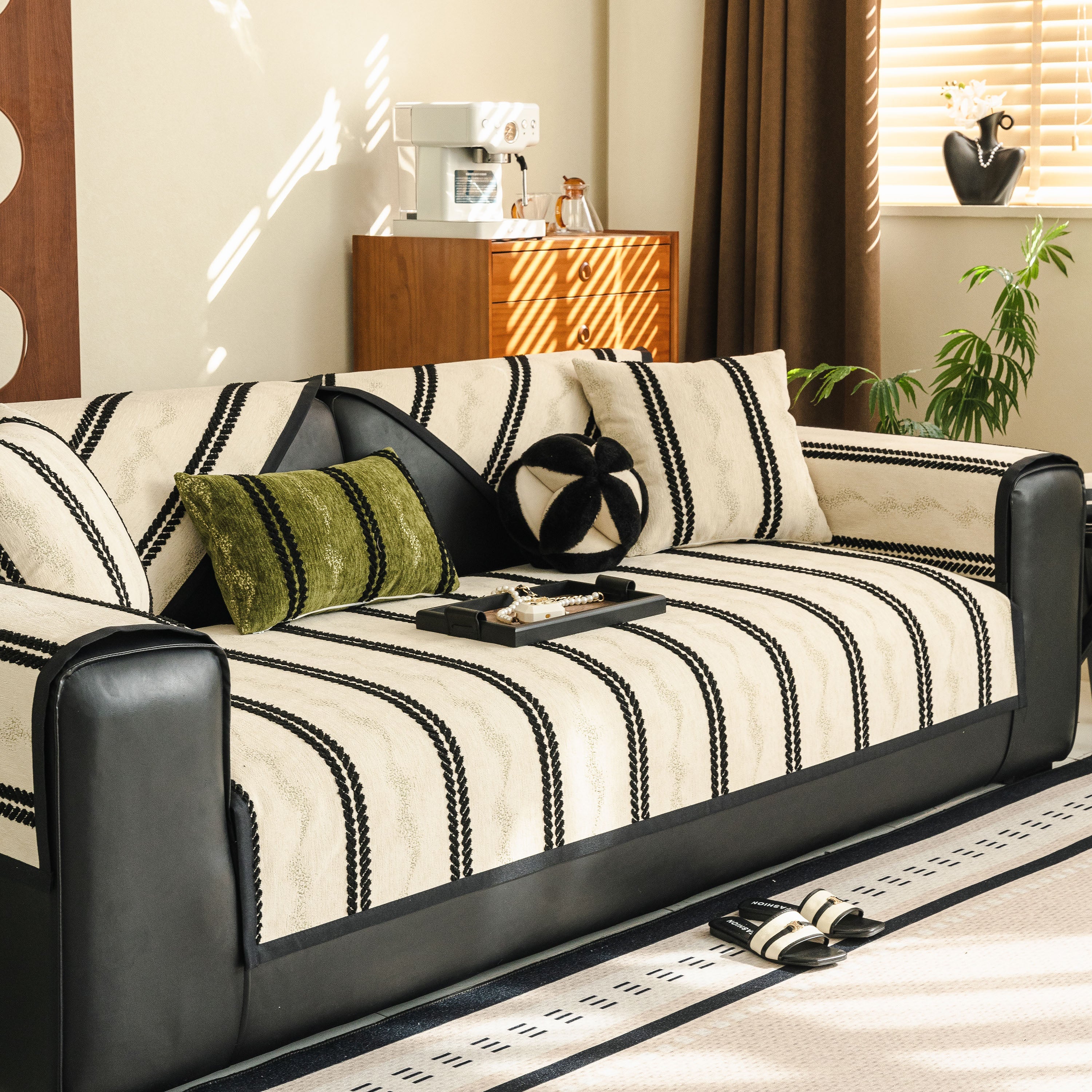 Non-Slip Sofa Cover with Thick Chenille Texture Woven Stripe Couch Protector Throw - Image 88