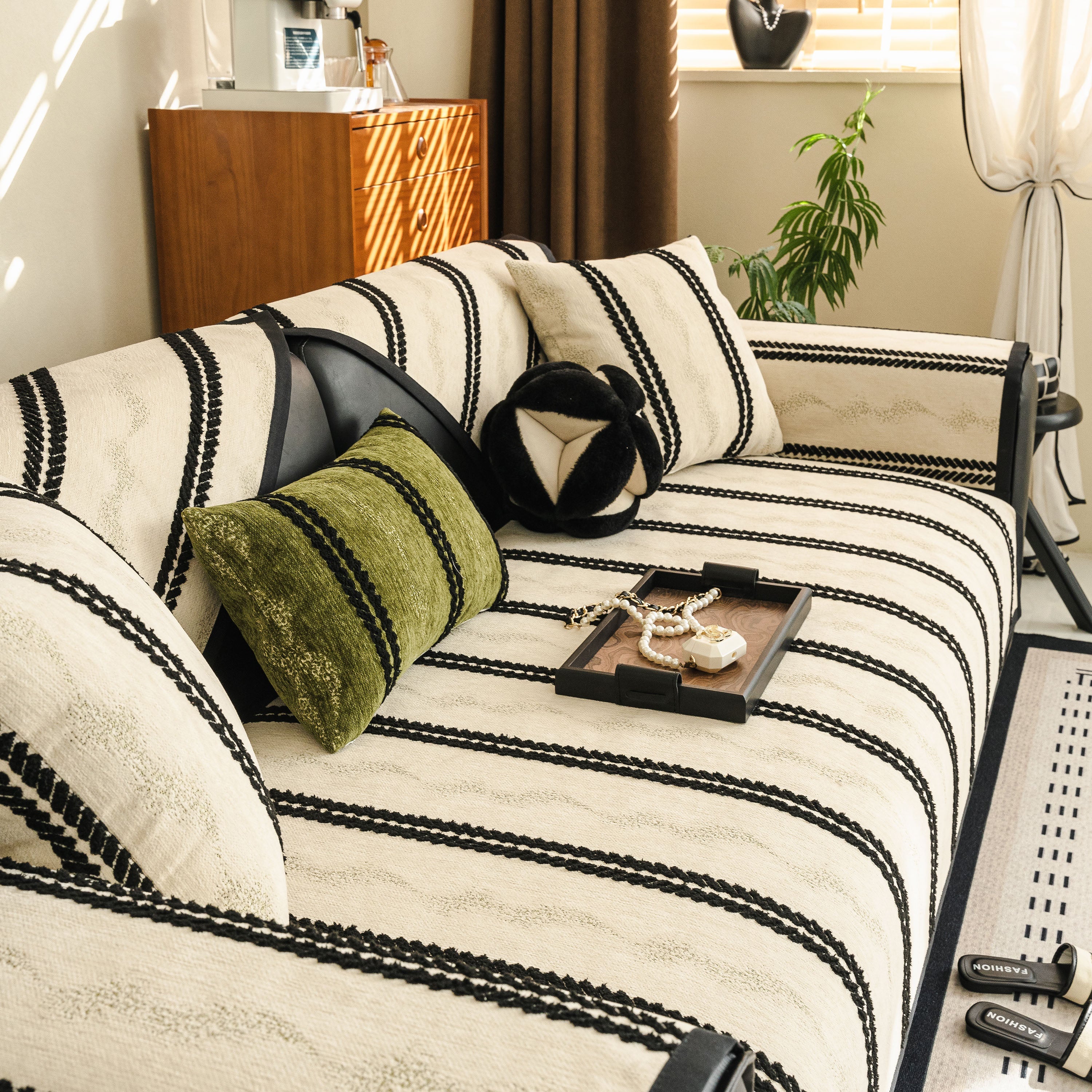 Non-Slip Sofa Cover with Thick Chenille Texture Woven Stripe Couch Protector Throw - Image 89