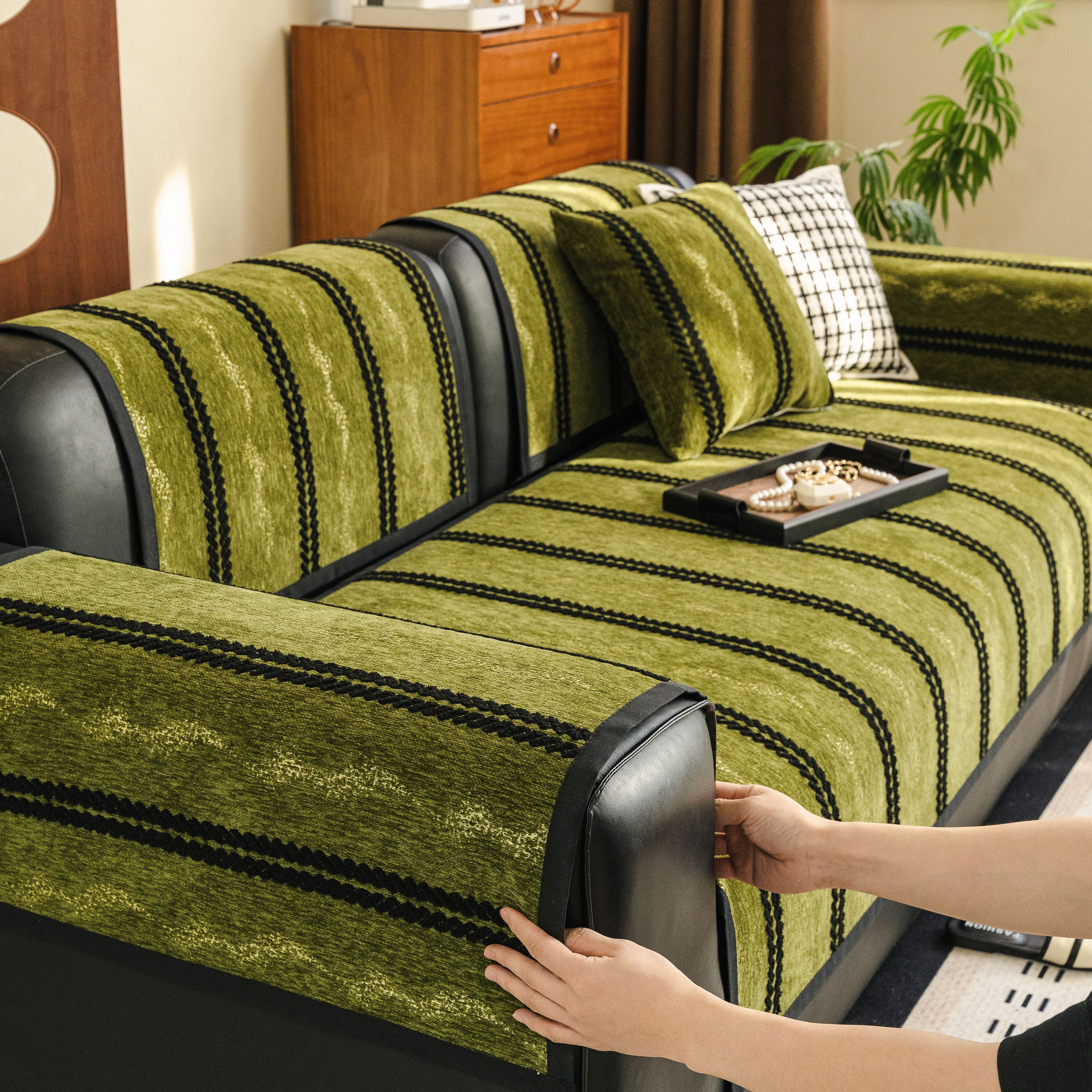 Non-Slip Sofa Cover with Thick Chenille Texture Woven Stripe Couch Protector Throw - Image 9