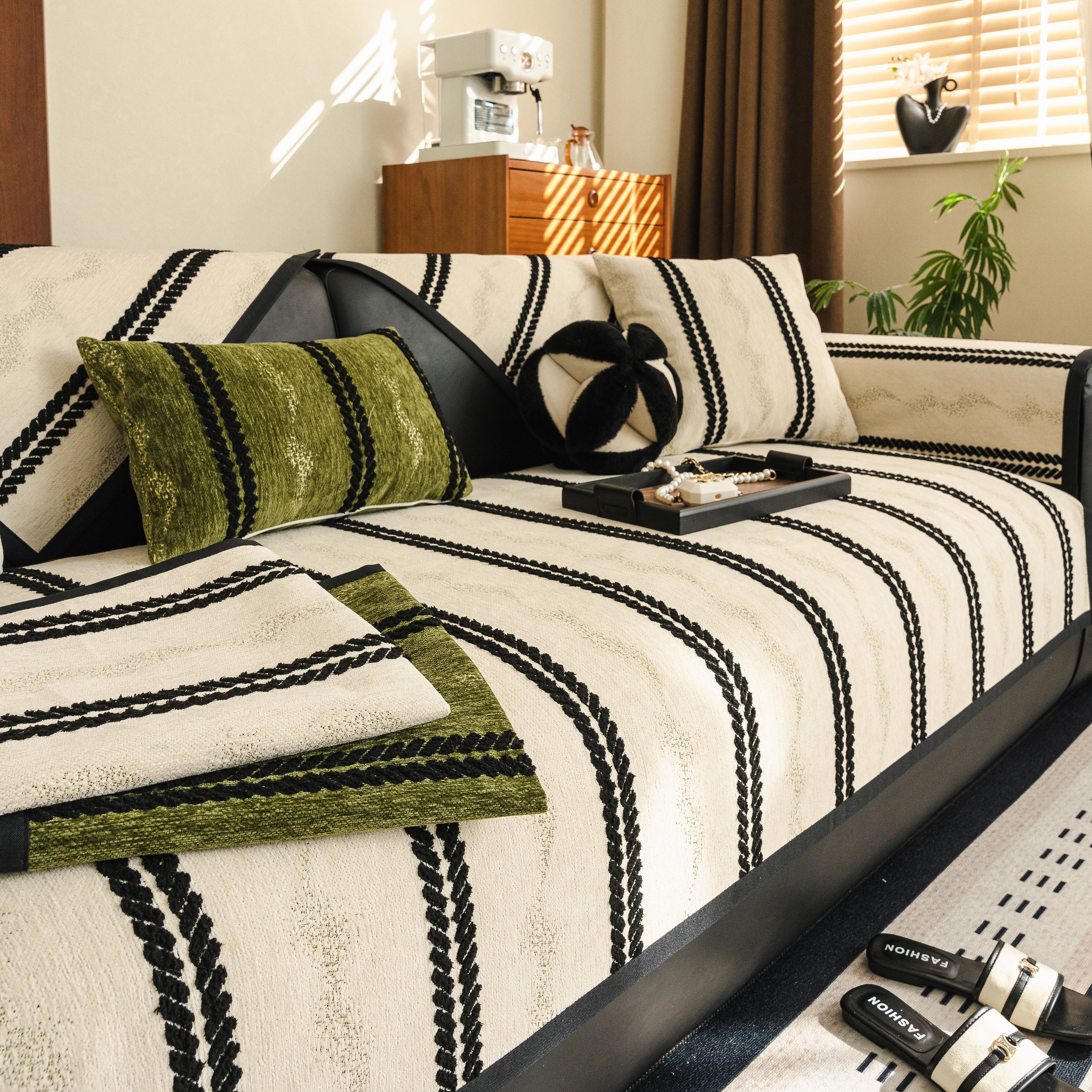 Non-Slip Sofa Cover with Thick Chenille Texture Woven Stripe Couch Protector Throw - Image 90