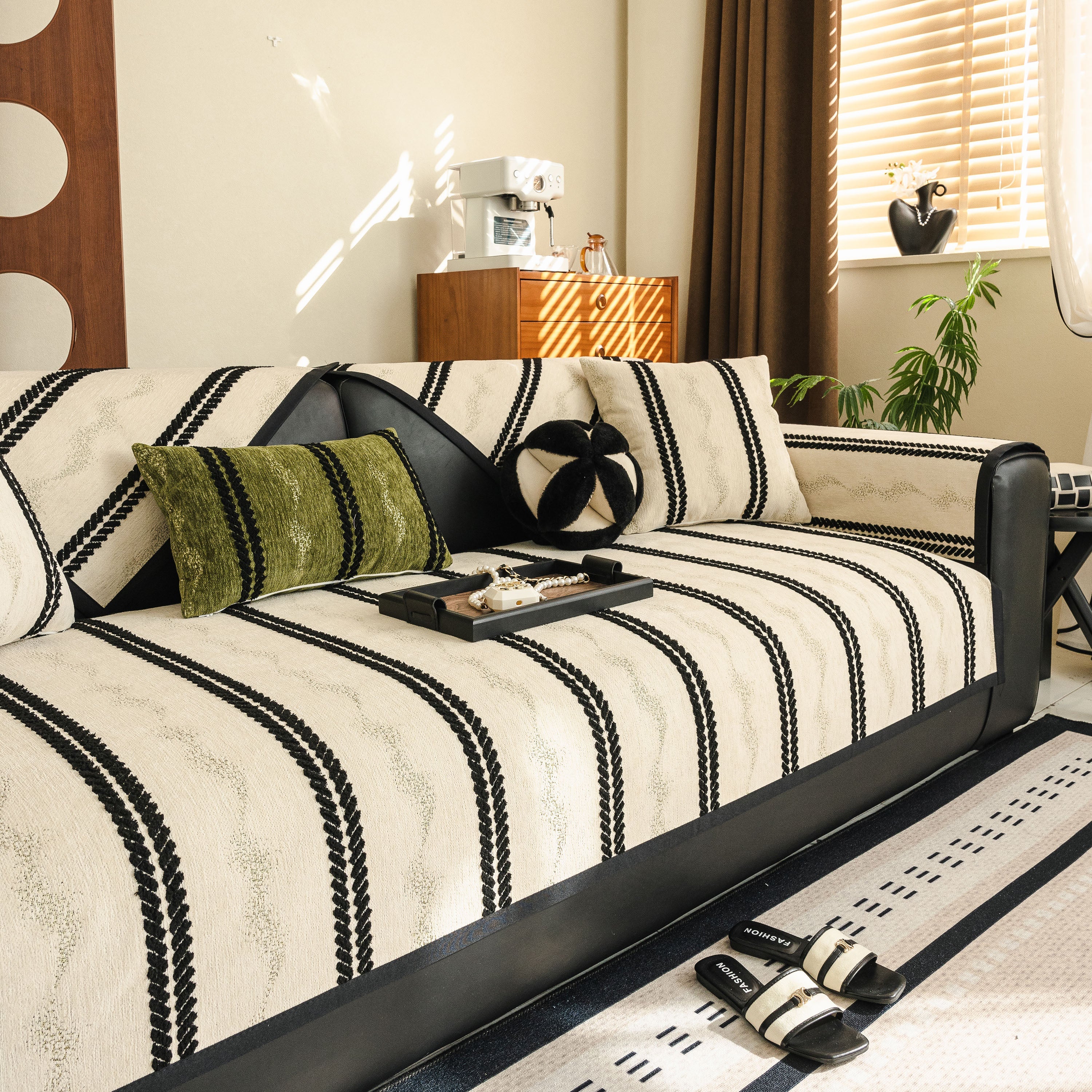 Non-Slip Sofa Cover with Thick Chenille Texture Woven Stripe Couch Protector Throw - Image 91