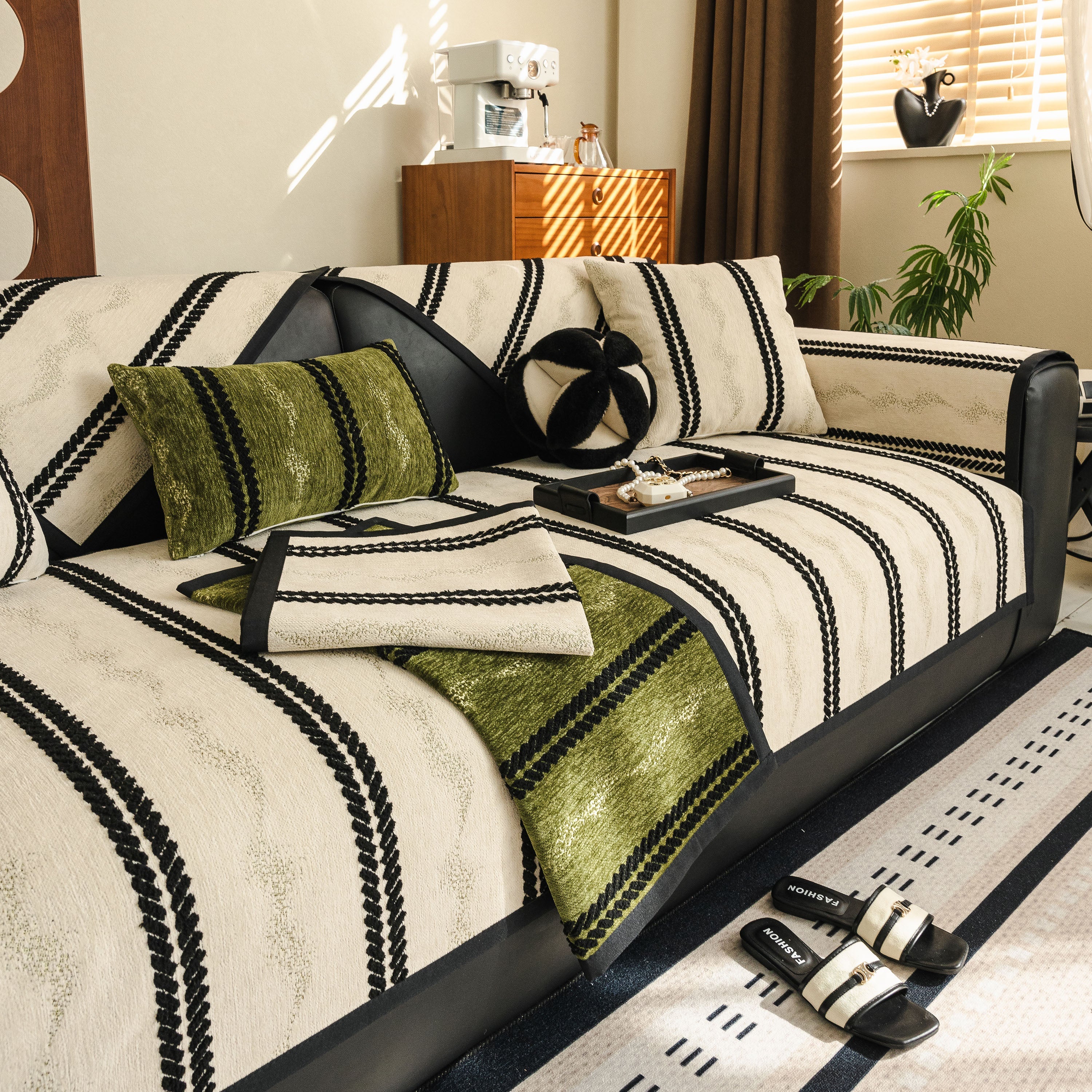 Non-Slip Sofa Cover with Thick Chenille Texture Woven Stripe Couch Protector Throw - Image 92