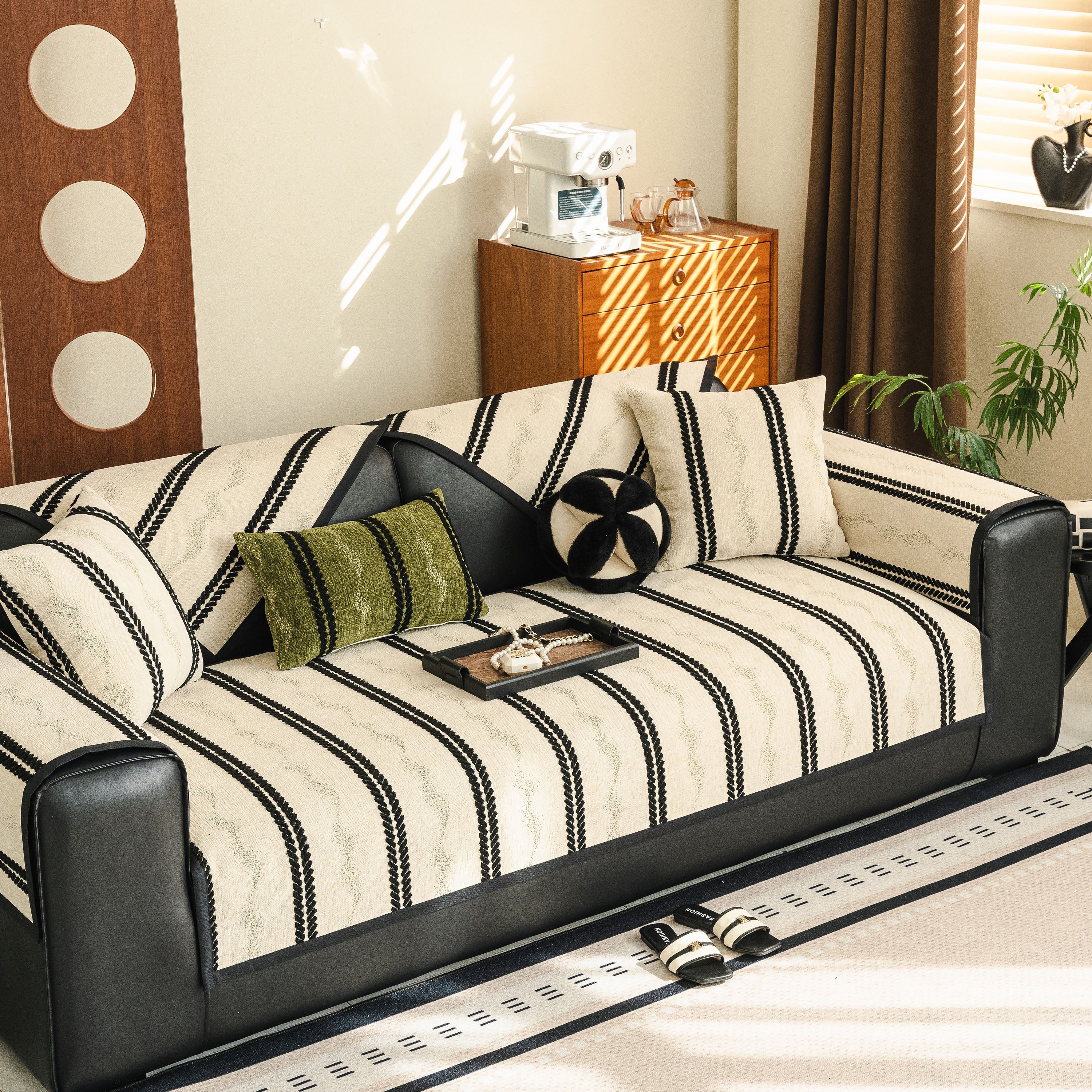 Non-Slip Sofa Cover with Thick Chenille Texture Woven Stripe Couch Protector Throw - Image 93