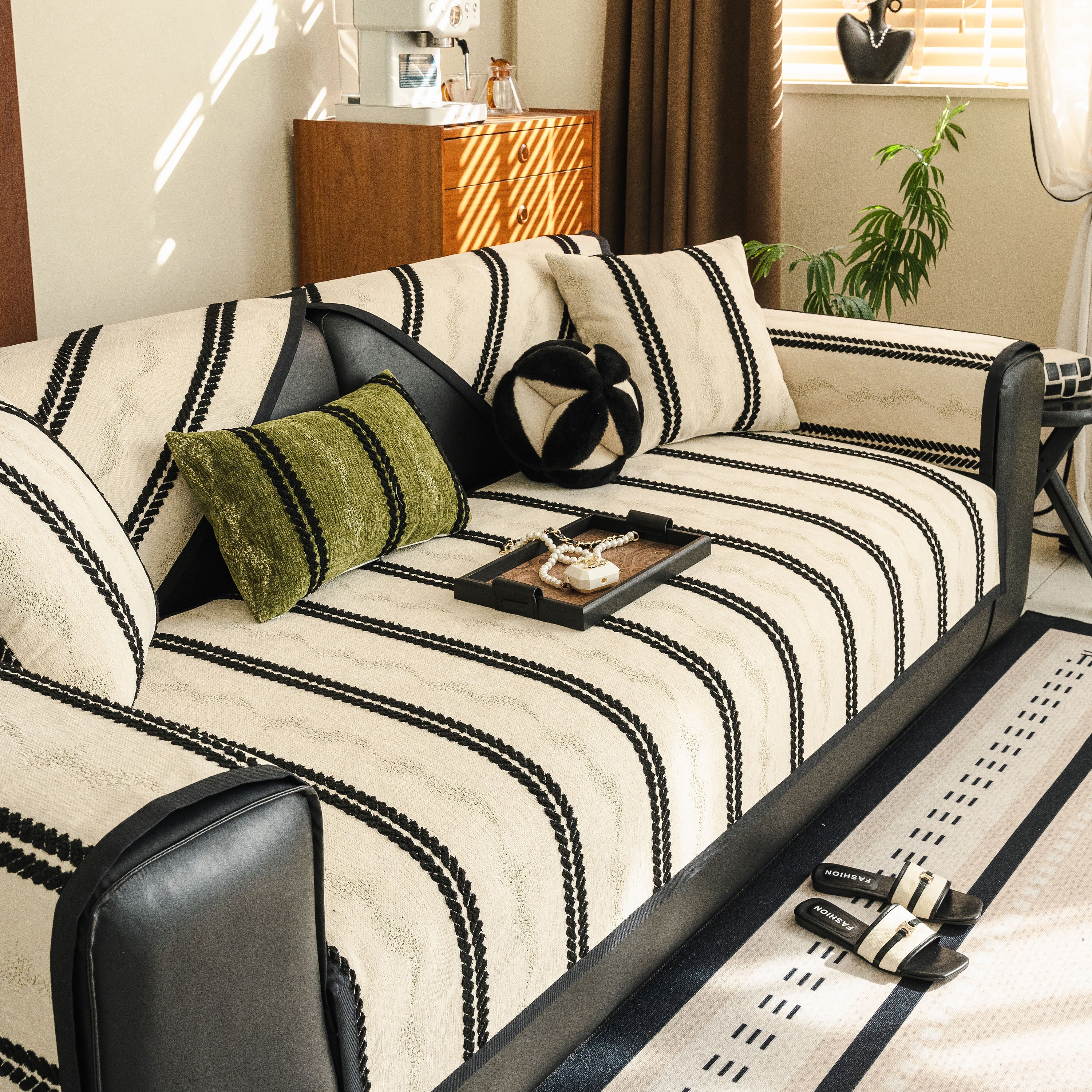 Non-Slip Sofa Cover with Thick Chenille Texture Woven Stripe Couch Protector Throw - Image 94