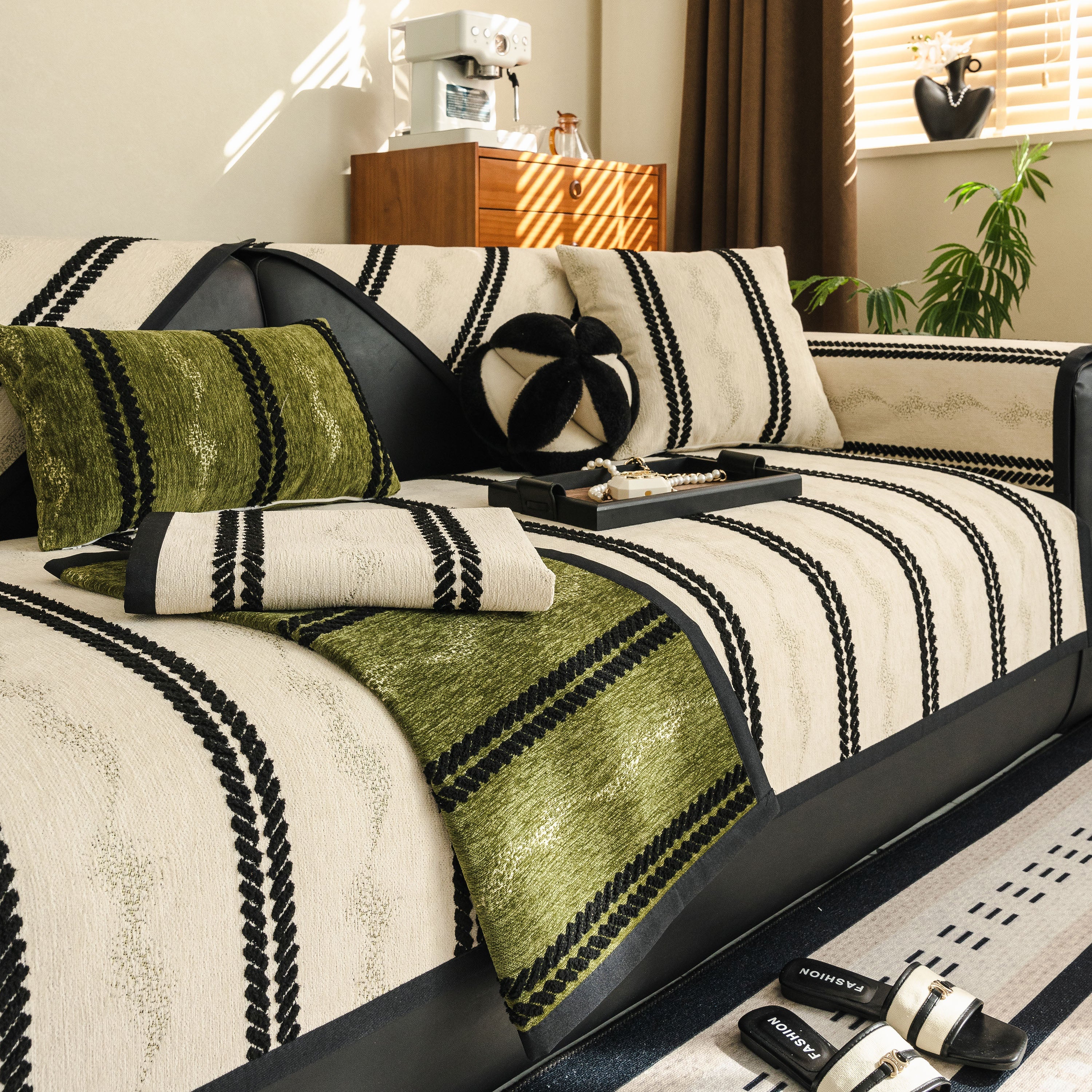 Non-Slip Sofa Cover with Thick Chenille Texture Woven Stripe Couch Protector Throw - Image 95