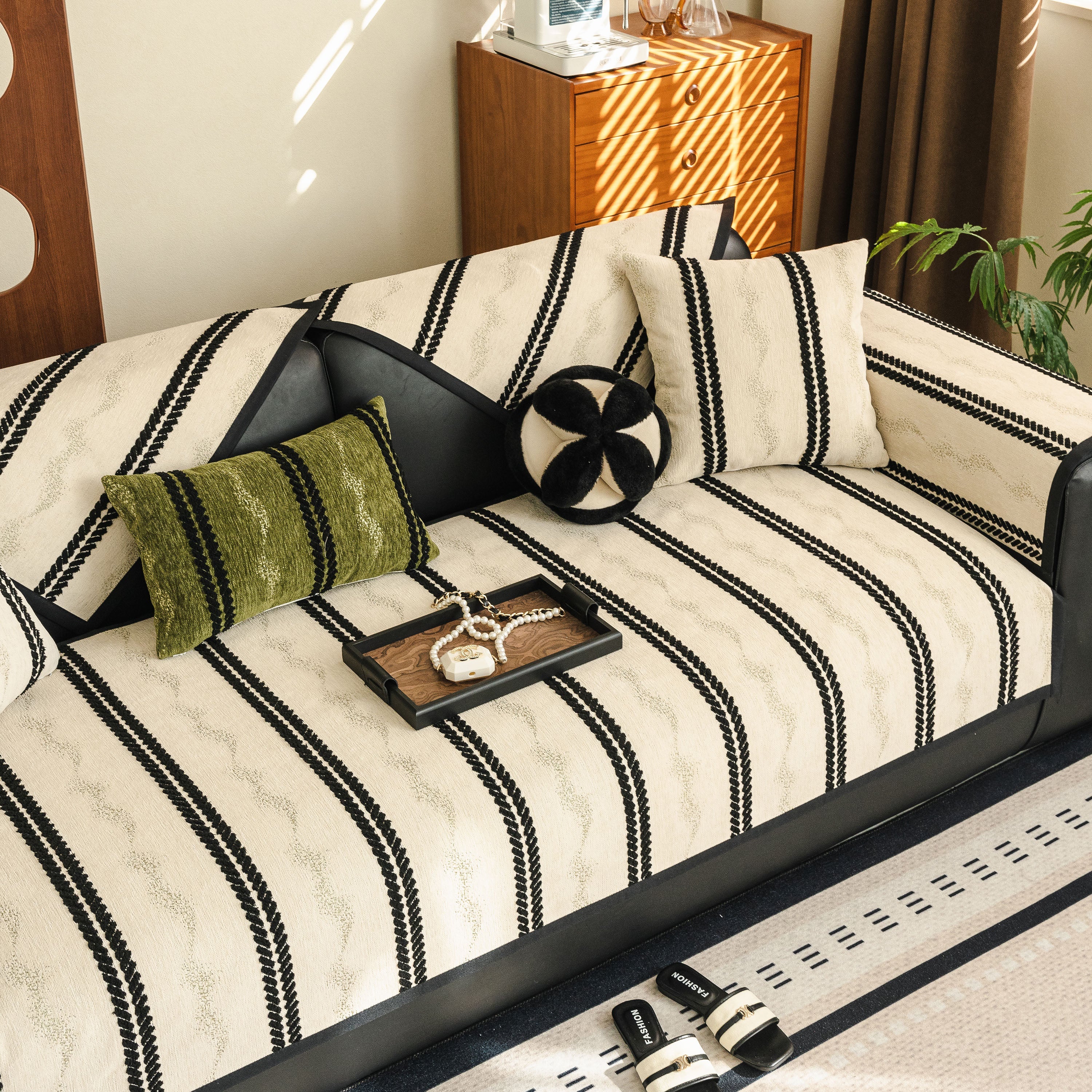 Non-Slip Sofa Cover with Thick Chenille Texture Woven Stripe Couch Protector Throw - Image 96