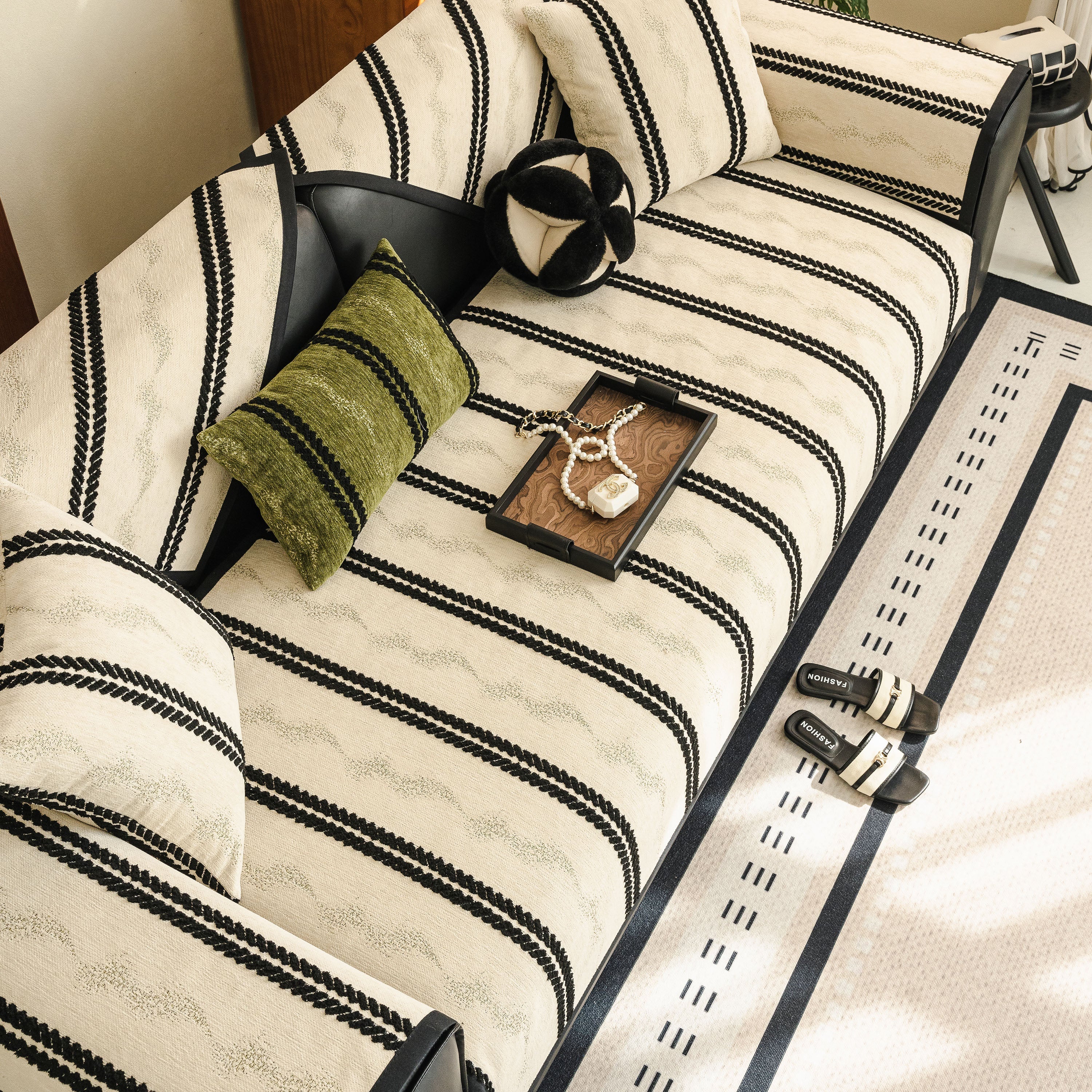 Non-Slip Sofa Cover with Thick Chenille Texture Woven Stripe Couch Protector Throw - Image 97