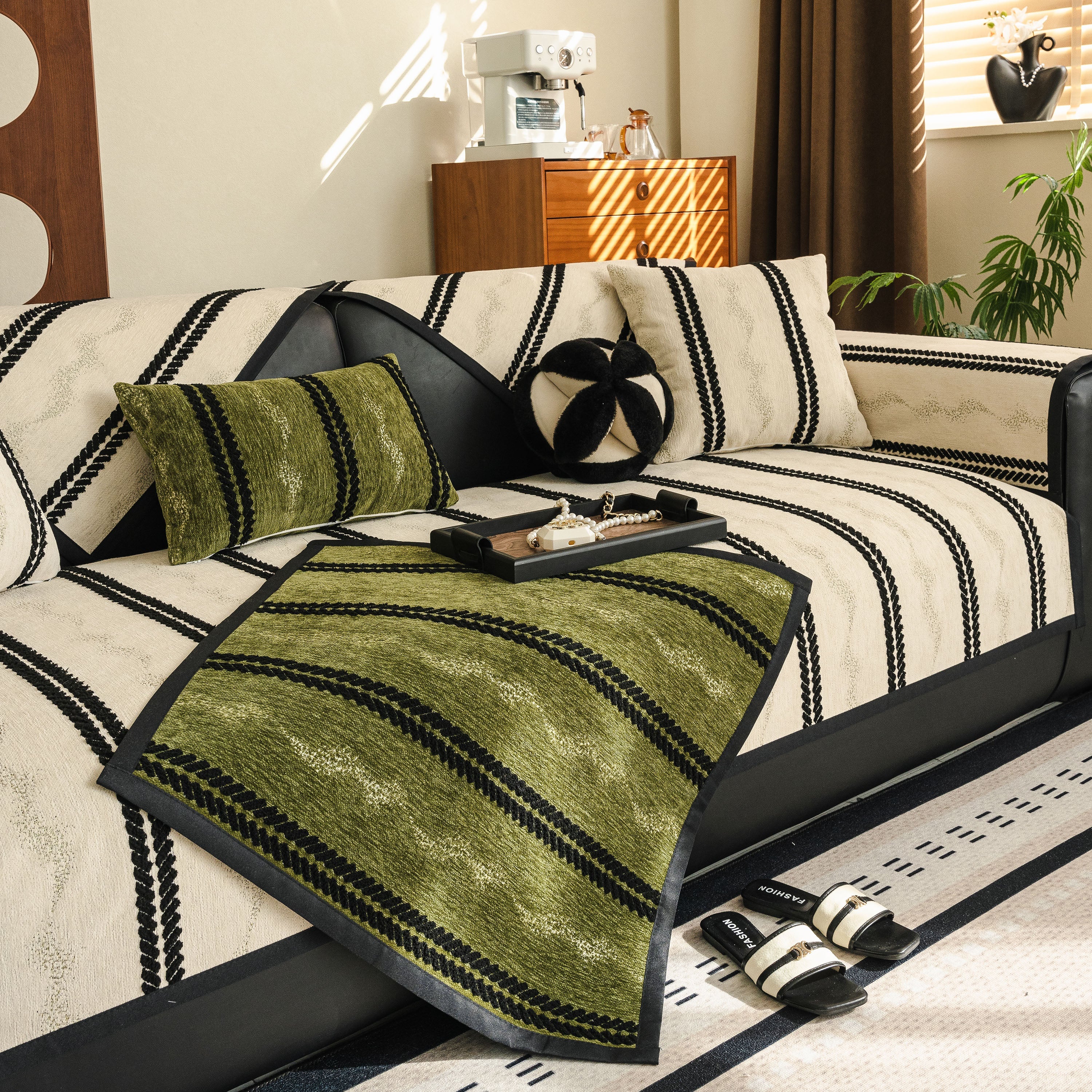 Non-Slip Sofa Cover with Thick Chenille Texture Woven Stripe Couch Protector Throw - Image 98