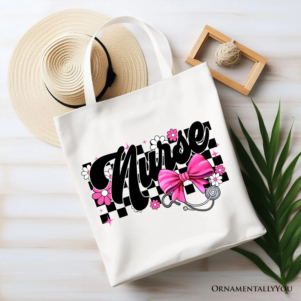 Nurse Floral Coquette Pink Bow Canvas Tote Bag, Retro Stethoscope Checkered Coworker Gift - Image 4