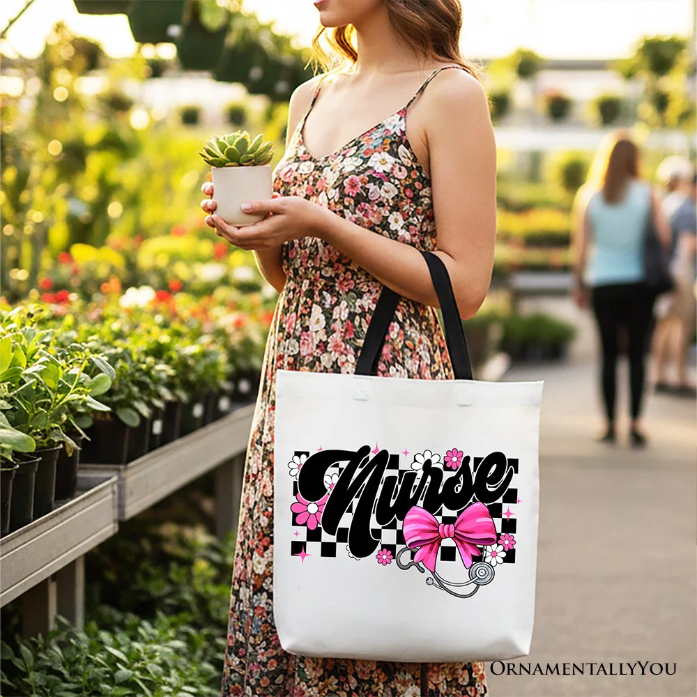 Nurse Floral Coquette Pink Bow Canvas Tote Bag, Retro Stethoscope Checkered Coworker Gift - Image 5