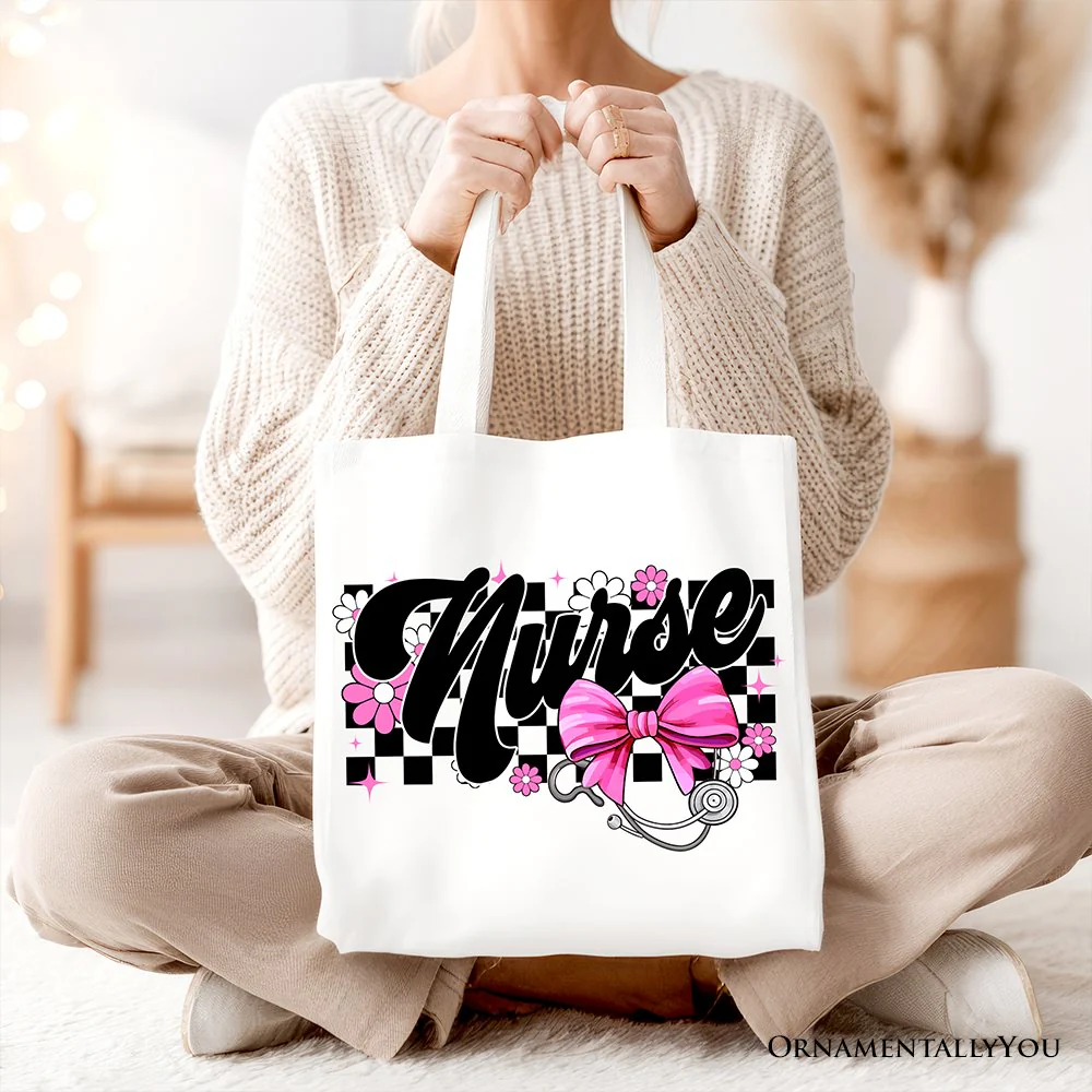 Nurse Floral Coquette Pink Bow Canvas Tote Bag, Retro Stethoscope Checkered Coworker Gift - Image 6