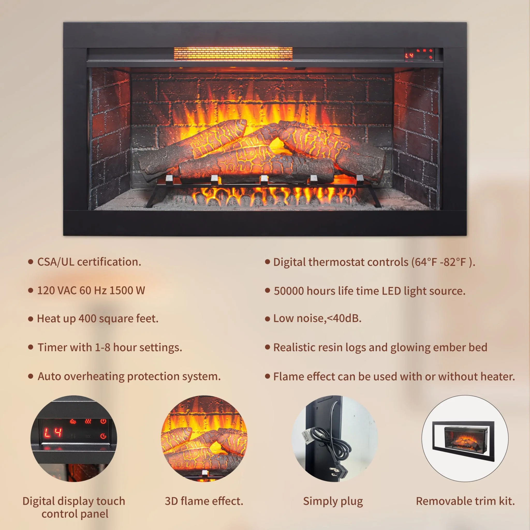 Nuvia 36-Inch Electric Antique Black Touch Panel Infrared Fireplace Insert With Removable Trim Kit (SAK84610) - Image 16