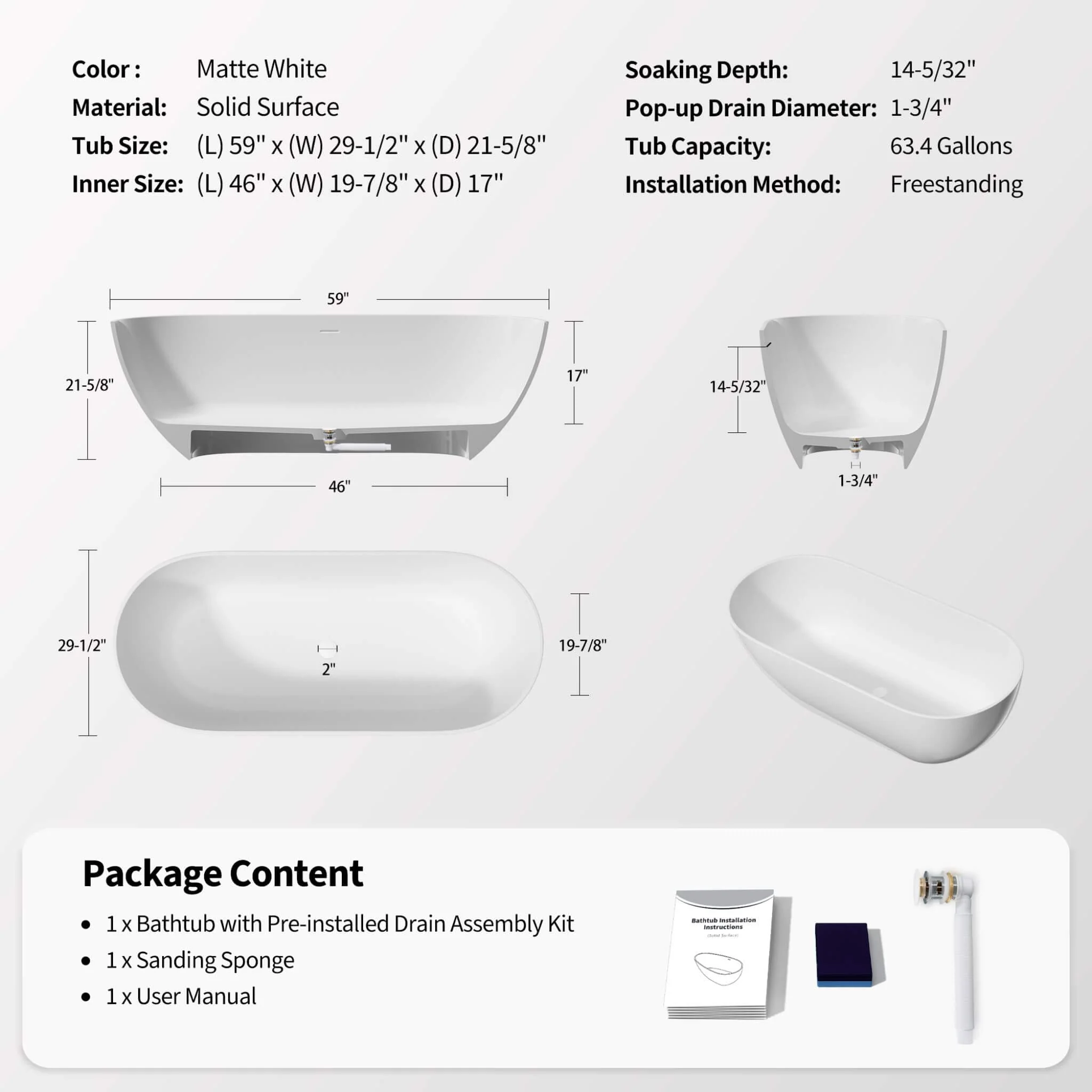 Nuvia 59-Inch Luxury Solid Surface Matte White Freestanding Soaking Tub (SAK95320) - Image 10