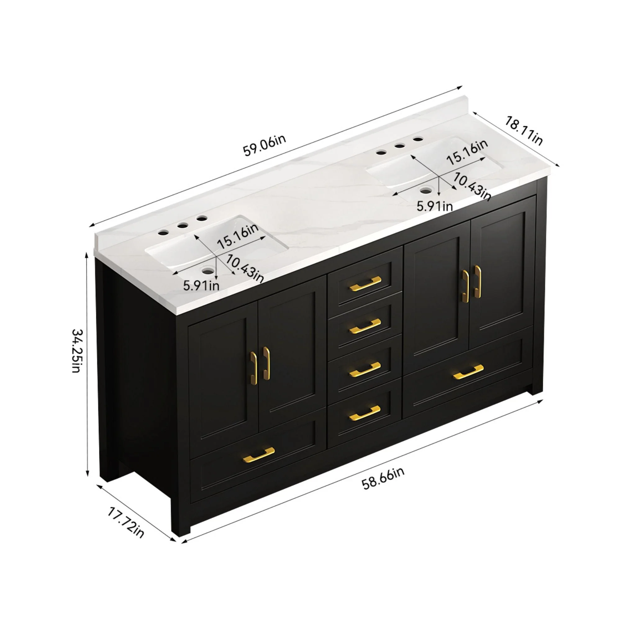 Nuvia 60-Inch Black Bathroom Vanity With Soft Close Doors And Drawers Storage (SAK86210) - Image 15