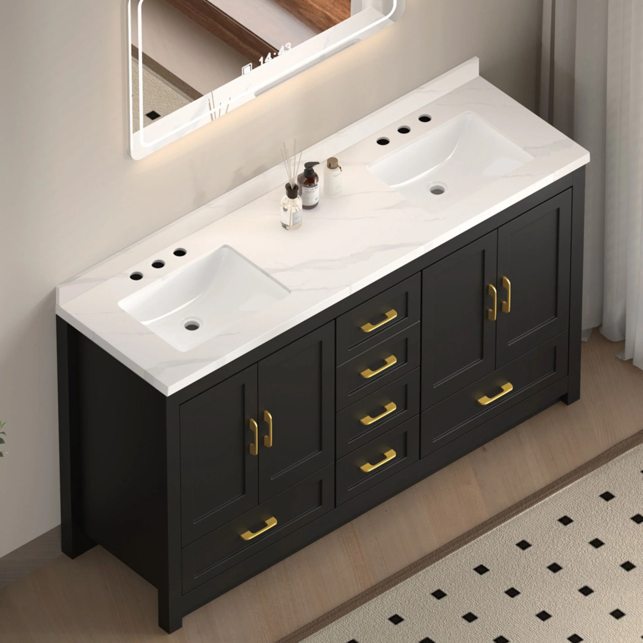 Nuvia 60-Inch Black Bathroom Vanity With Soft Close Doors And Drawers Storage (SAK86210) - Image 3