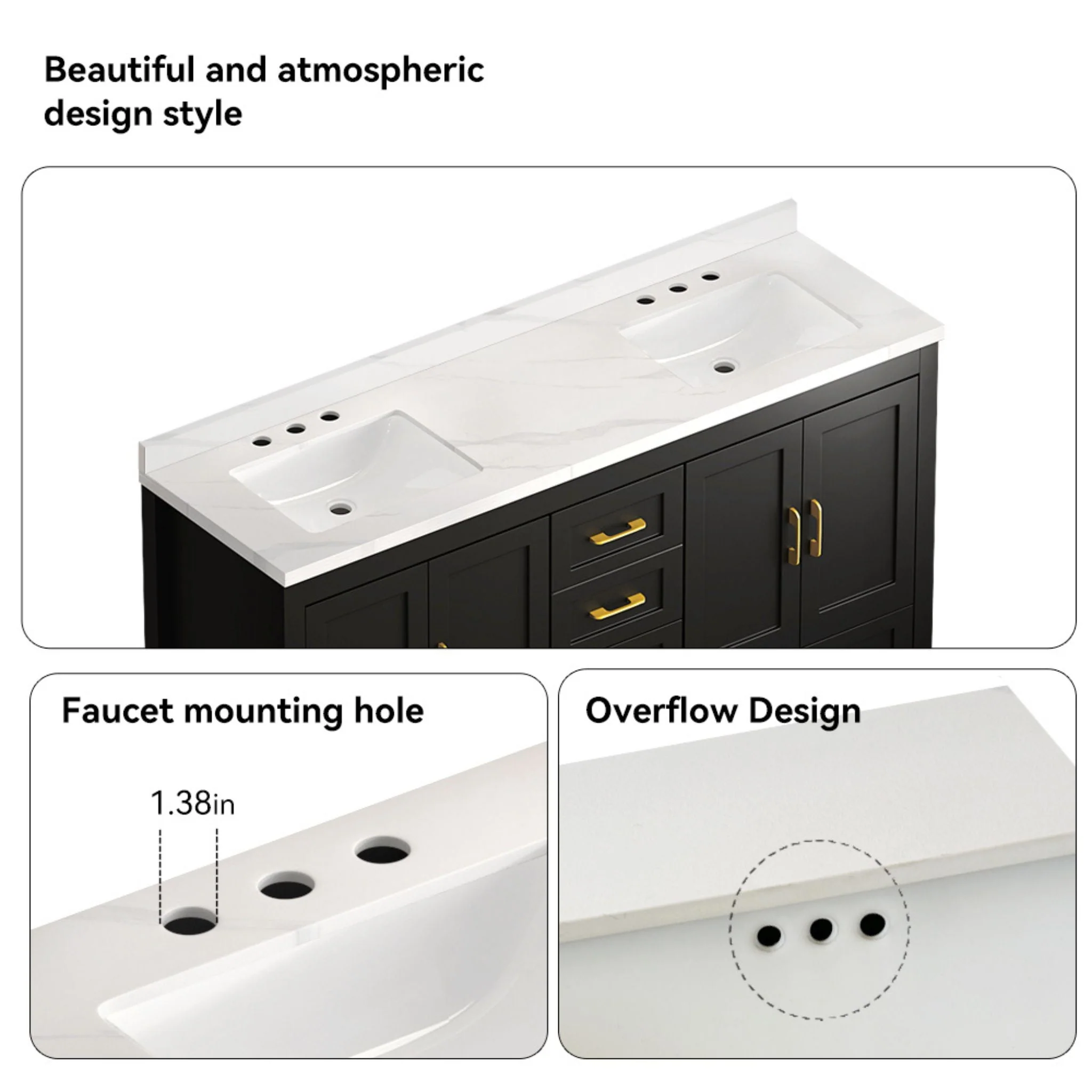 Nuvia 60-Inch Black Bathroom Vanity With Soft Close Doors And Drawers Storage (SAK86210) - Image 5