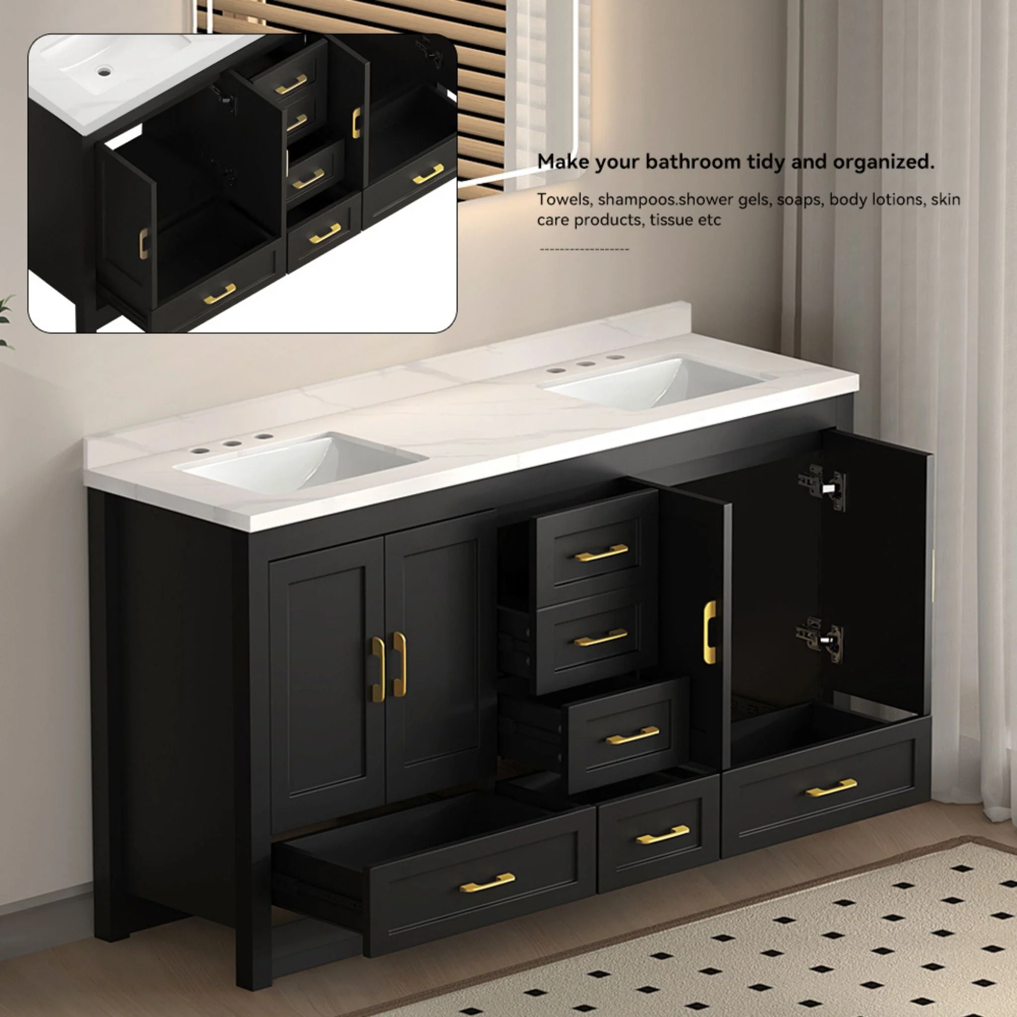 Nuvia 60-Inch Black Bathroom Vanity With Soft Close Doors And Drawers Storage (SAK86210) - Image 6