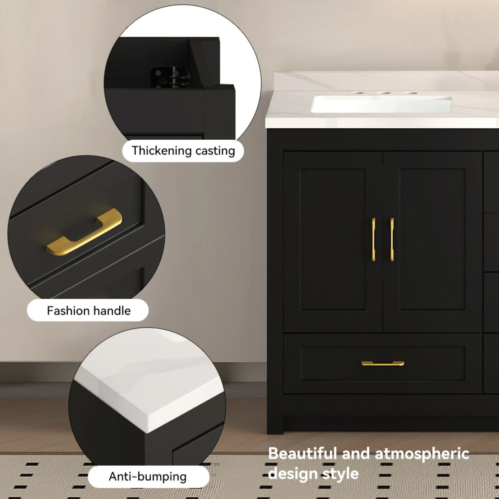 Nuvia 60-Inch Black Bathroom Vanity With Soft Close Doors And Drawers Storage (SAK86210) - Image 7