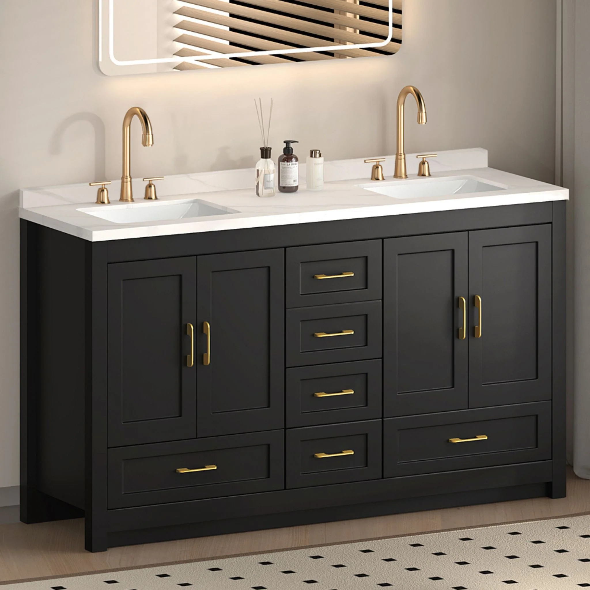 Nuvia 60-Inch Black Bathroom Vanity With Soft Close Doors And Drawers Storage (SAK86210) - Image 9