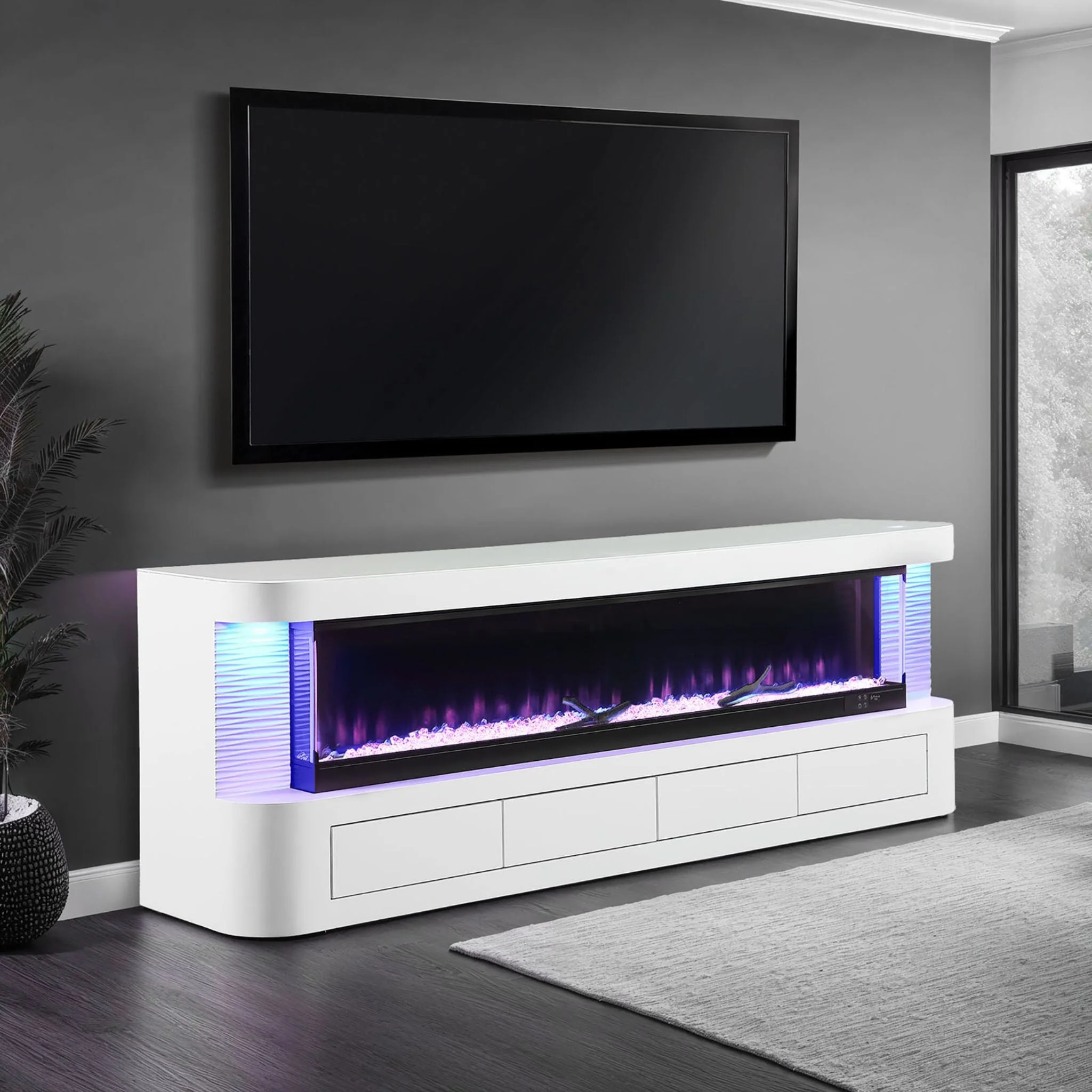Nuvia 71-Inch Modern White Electric Fireplace TV Stand With 3-Level LED Brightness Setting [TV Stand Only] (SAK94120) - Image 3