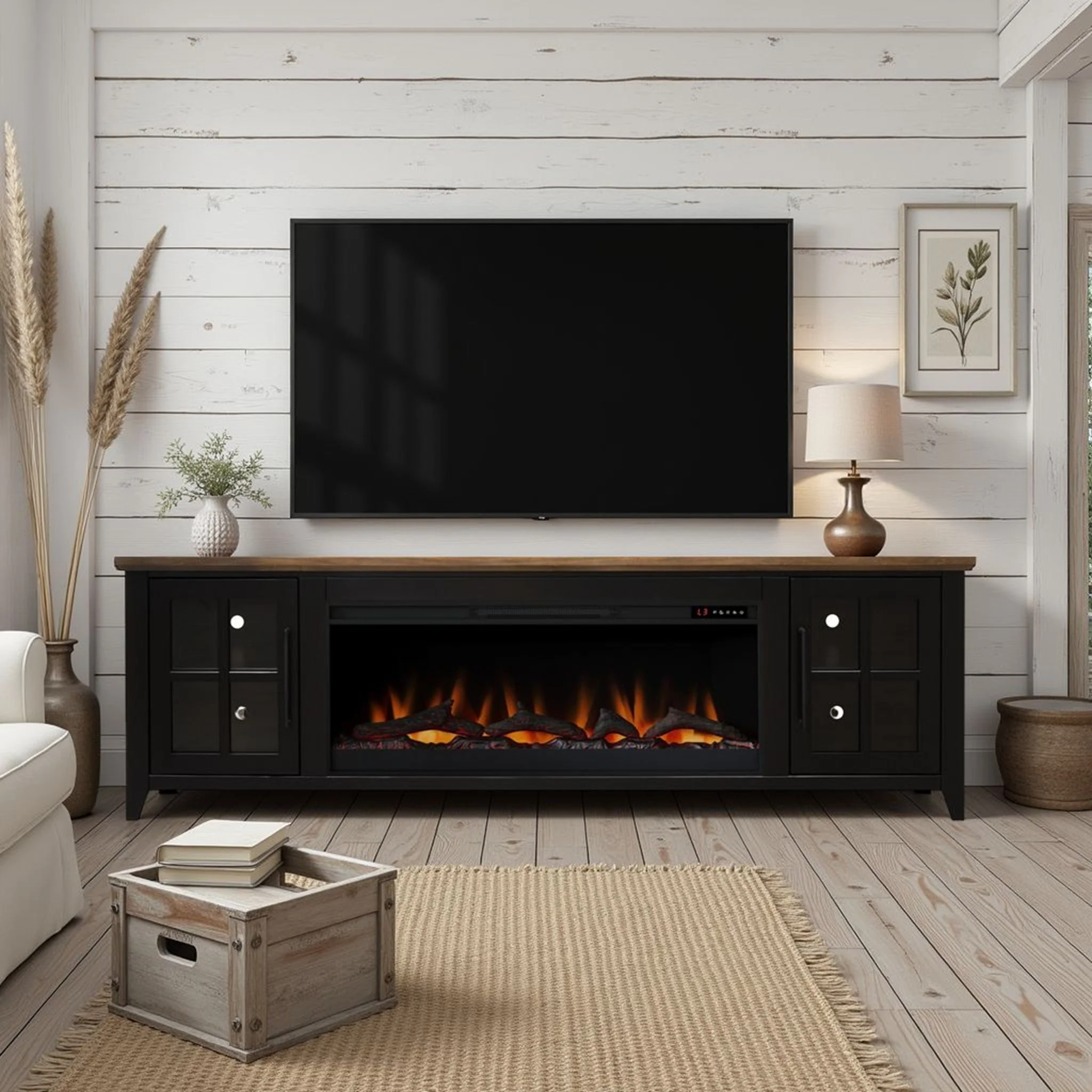 Nuvia 83-Inch Bourbon Black TV Stand With Fireplace And Glass Windowpane Doors (SAK40281) - Image 4