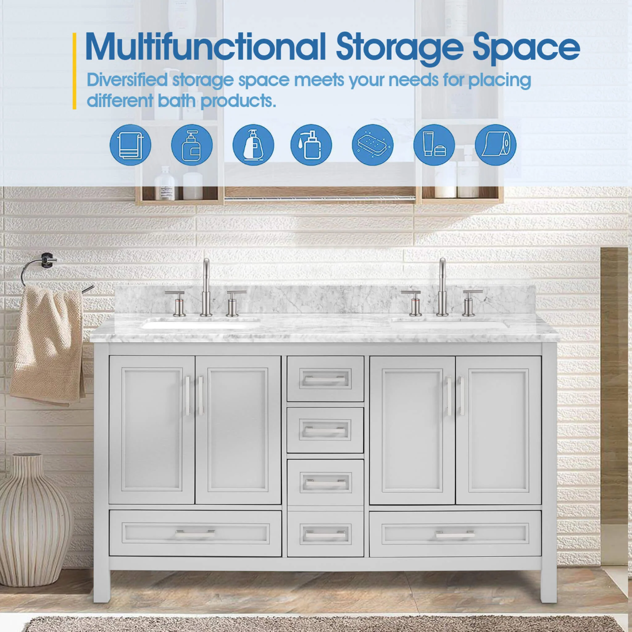 Nuvia Premium 60-Inch Freestanding Double Sink Bathroom Vanity With Carrara Marble Top (SAK51829) - Image 10