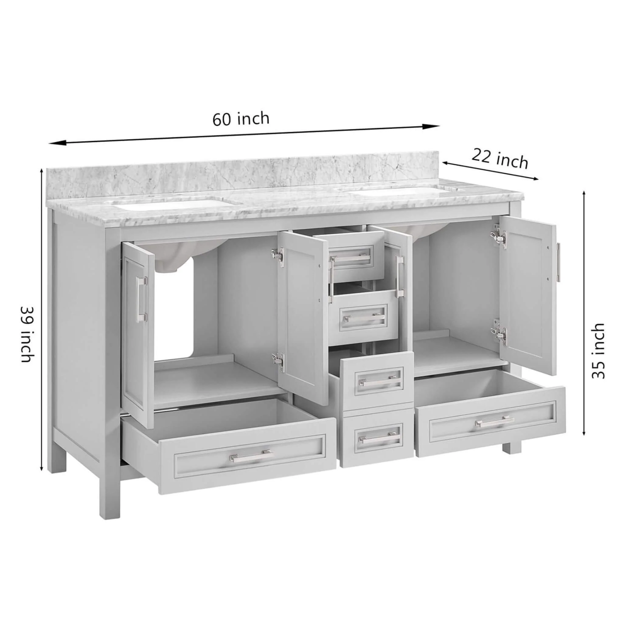 Nuvia Premium 60-Inch Freestanding Double Sink Bathroom Vanity With Carrara Marble Top (SAK51829) - Image 11
