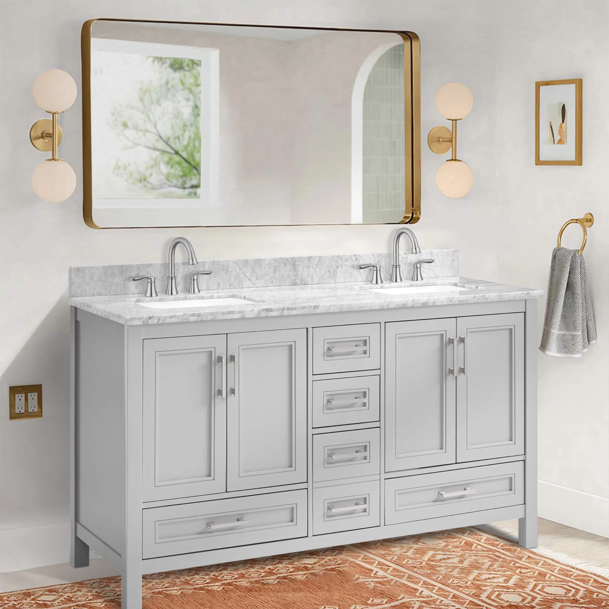 Nuvia Premium 60-Inch Freestanding Double Sink Bathroom Vanity With Carrara Marble Top (SAK51829) - Image 6