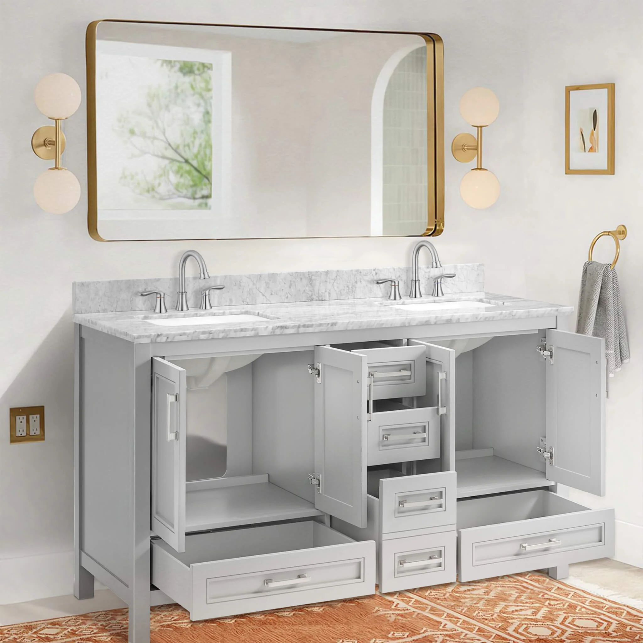 Nuvia Premium 60-Inch Freestanding Double Sink Bathroom Vanity With Carrara Marble Top (SAK51829) - Image 8