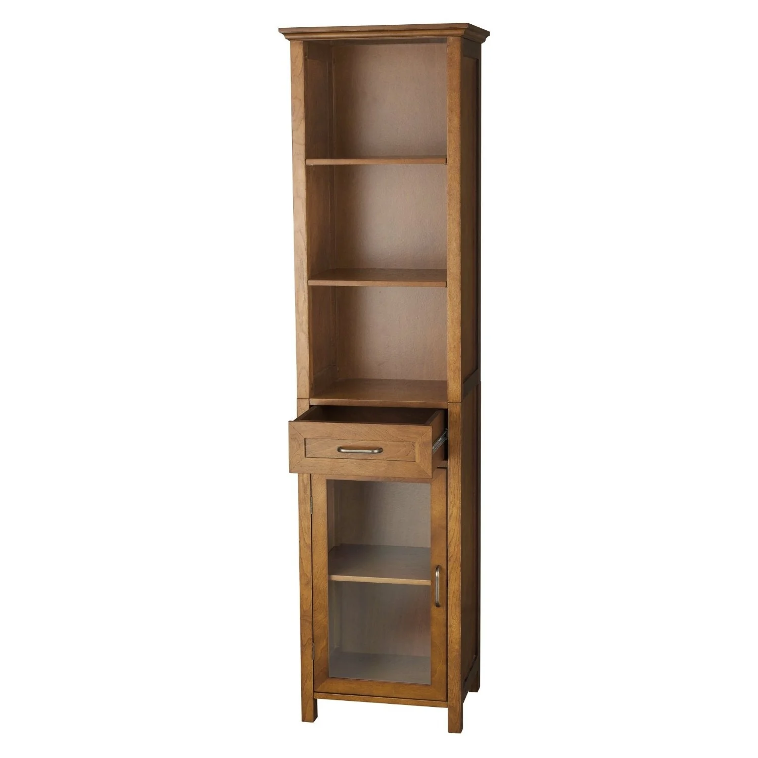 Oak Finish Bathroom Linen Tower Storage Cabinet with Shelves - Image 2
