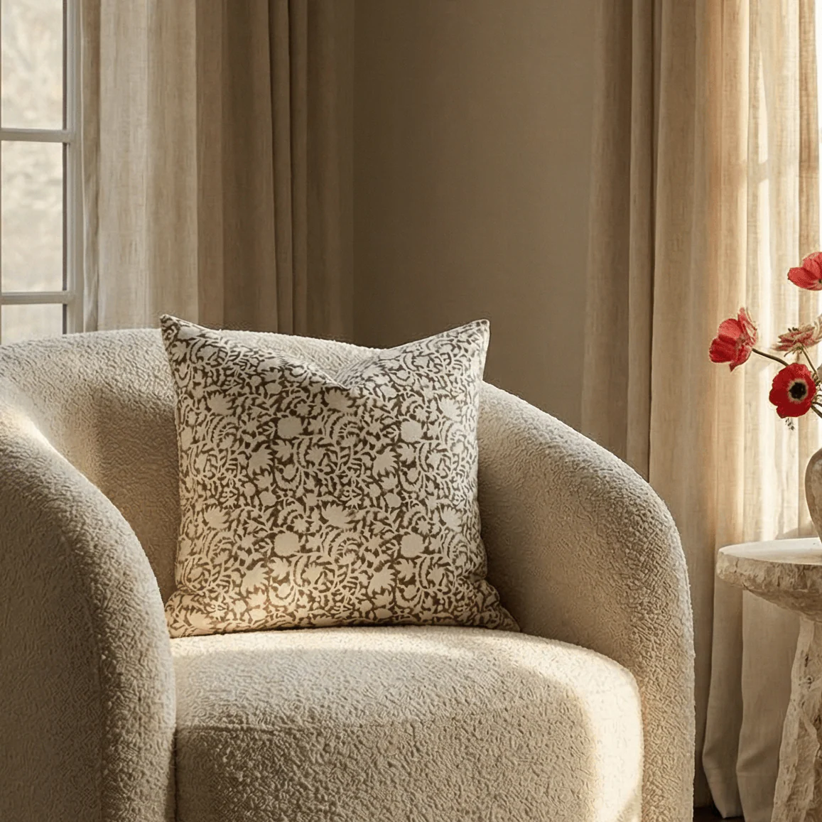 Ochre Floral Block Printed Pillow Cover | Mustard - Image 3