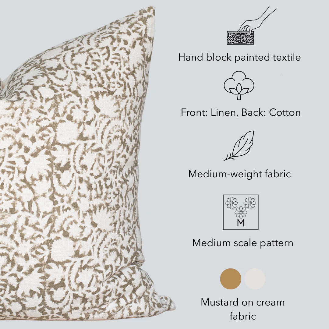Ochre Floral Block Printed Pillow Cover | Mustard - Image 6