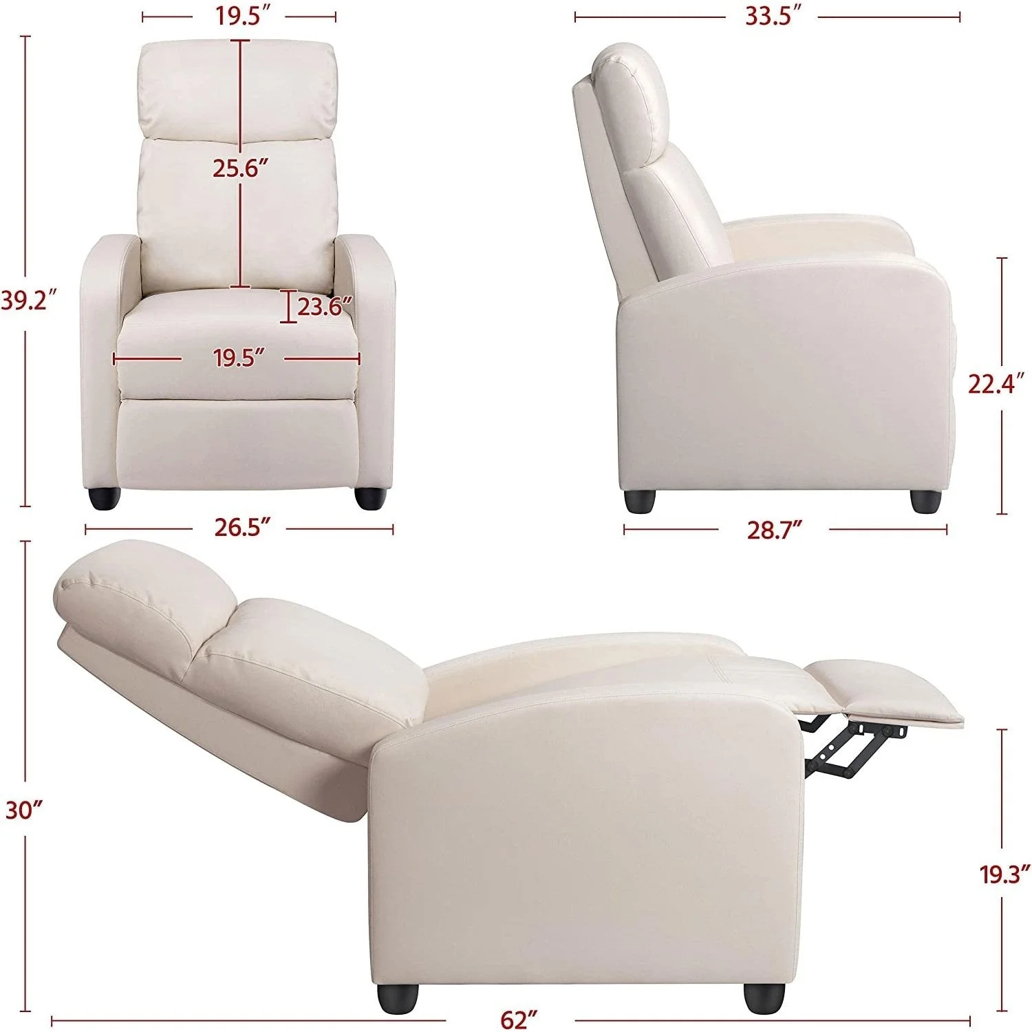 Off White High-Density Faux Leather Push Back Recliner Chair - Image 4