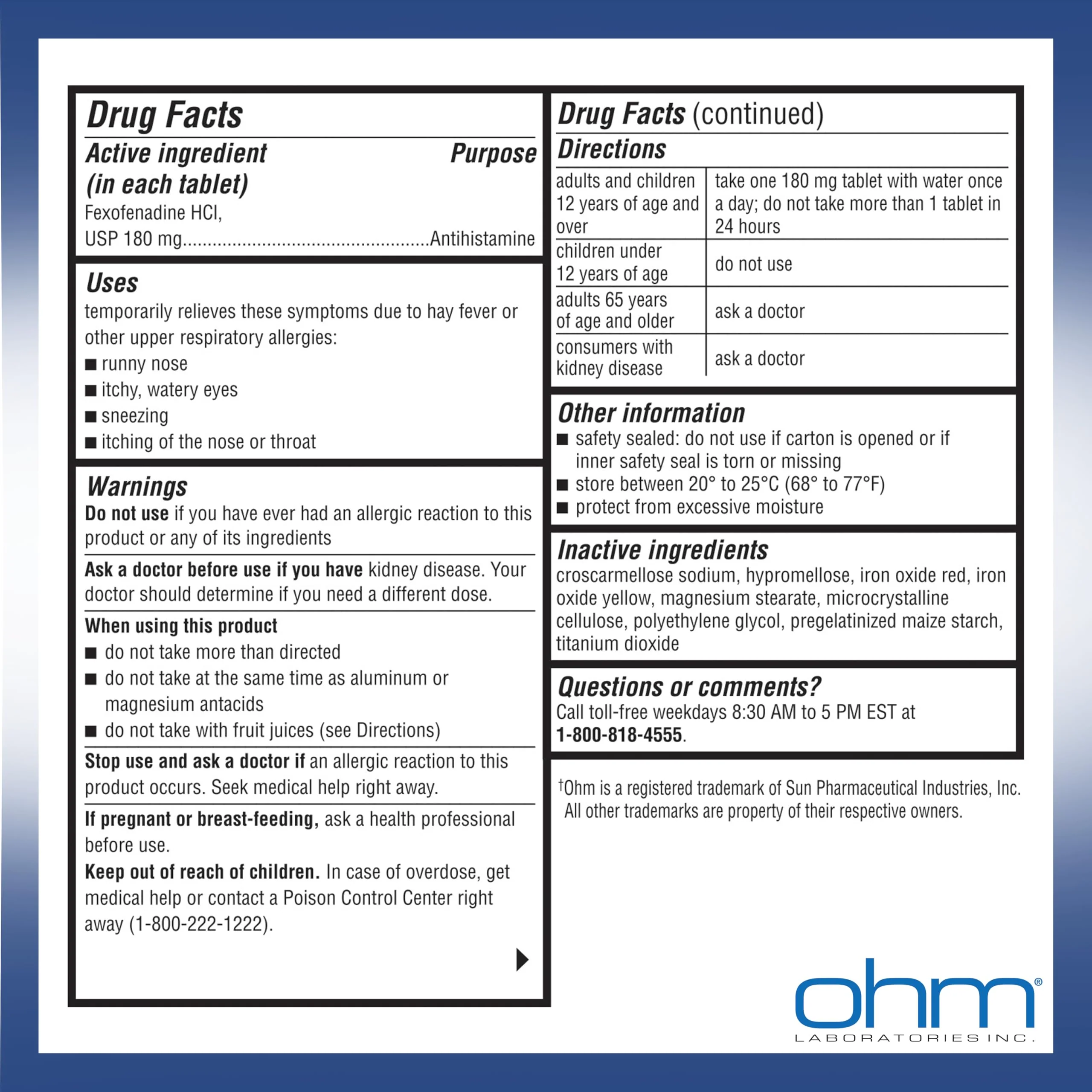 Ohm Non-Drowsy Fexofenadine Antihistamine Indoor Outdoor Allergy Relief Tablets 30ct - Image 4