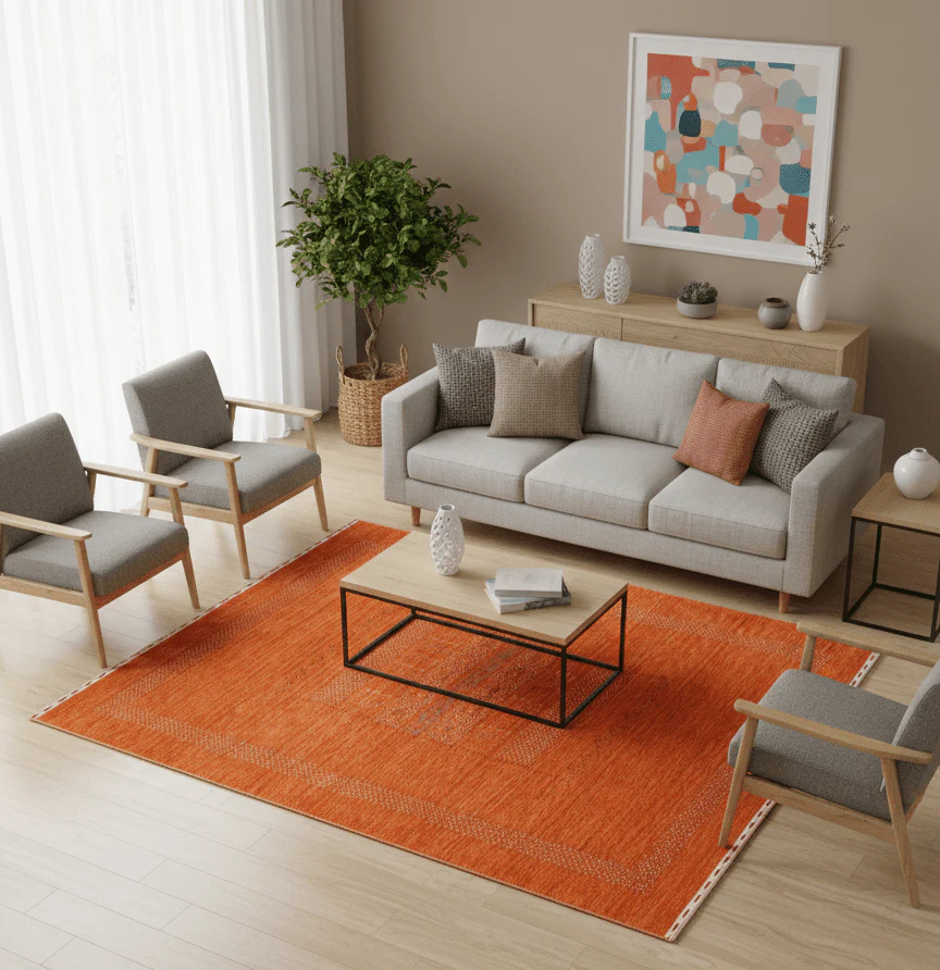 Orange And White Modern Design Hand Loomed Wool Area Rug - Image 2