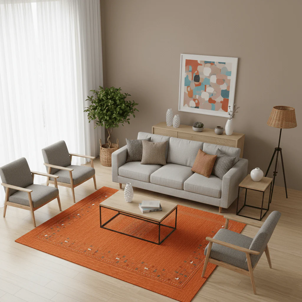 Orange Center Pattern Hand Loomed Wool Area Rug - Image 2