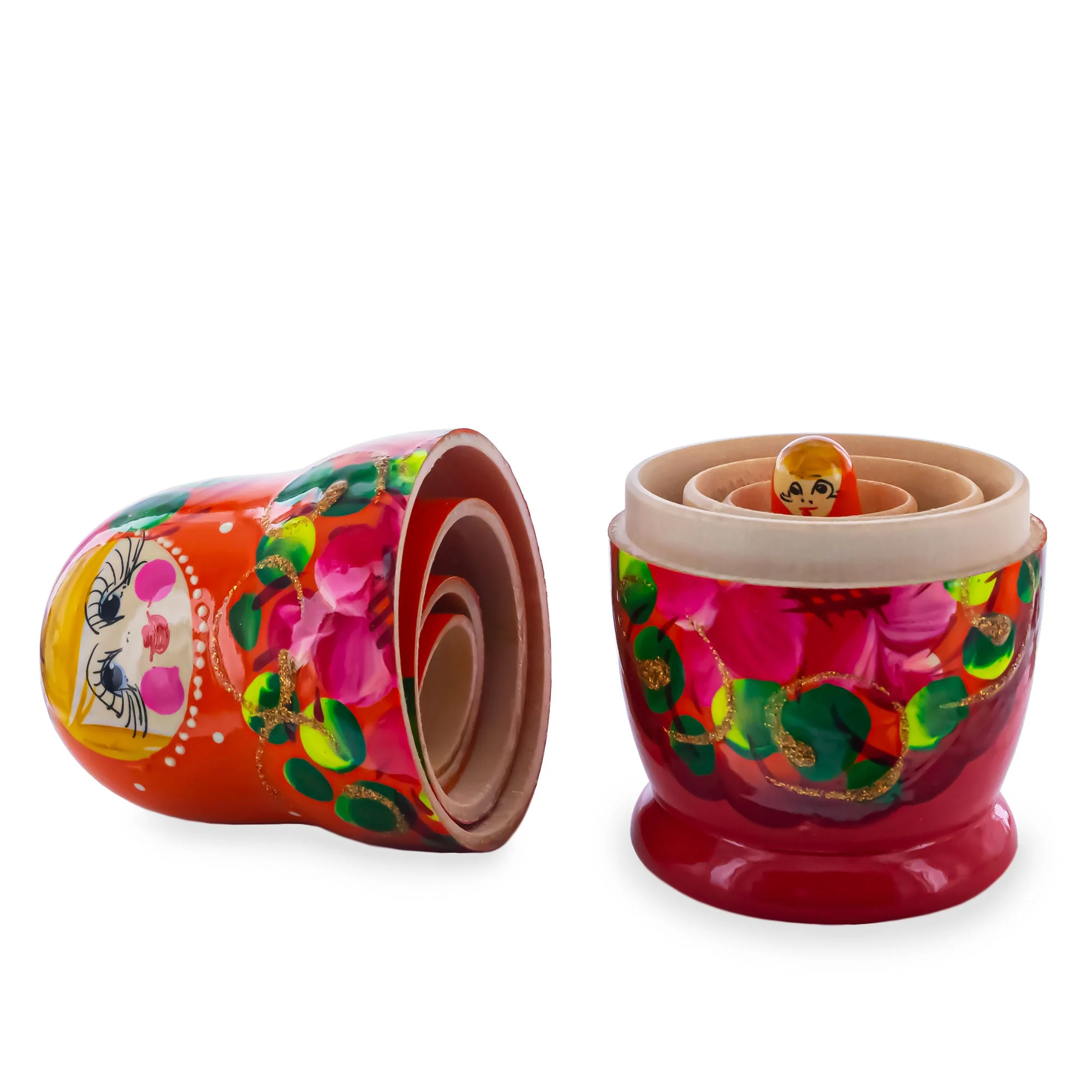 Orange Hood with Pink Flowers Wooden  Nesting Dolls - Image 3