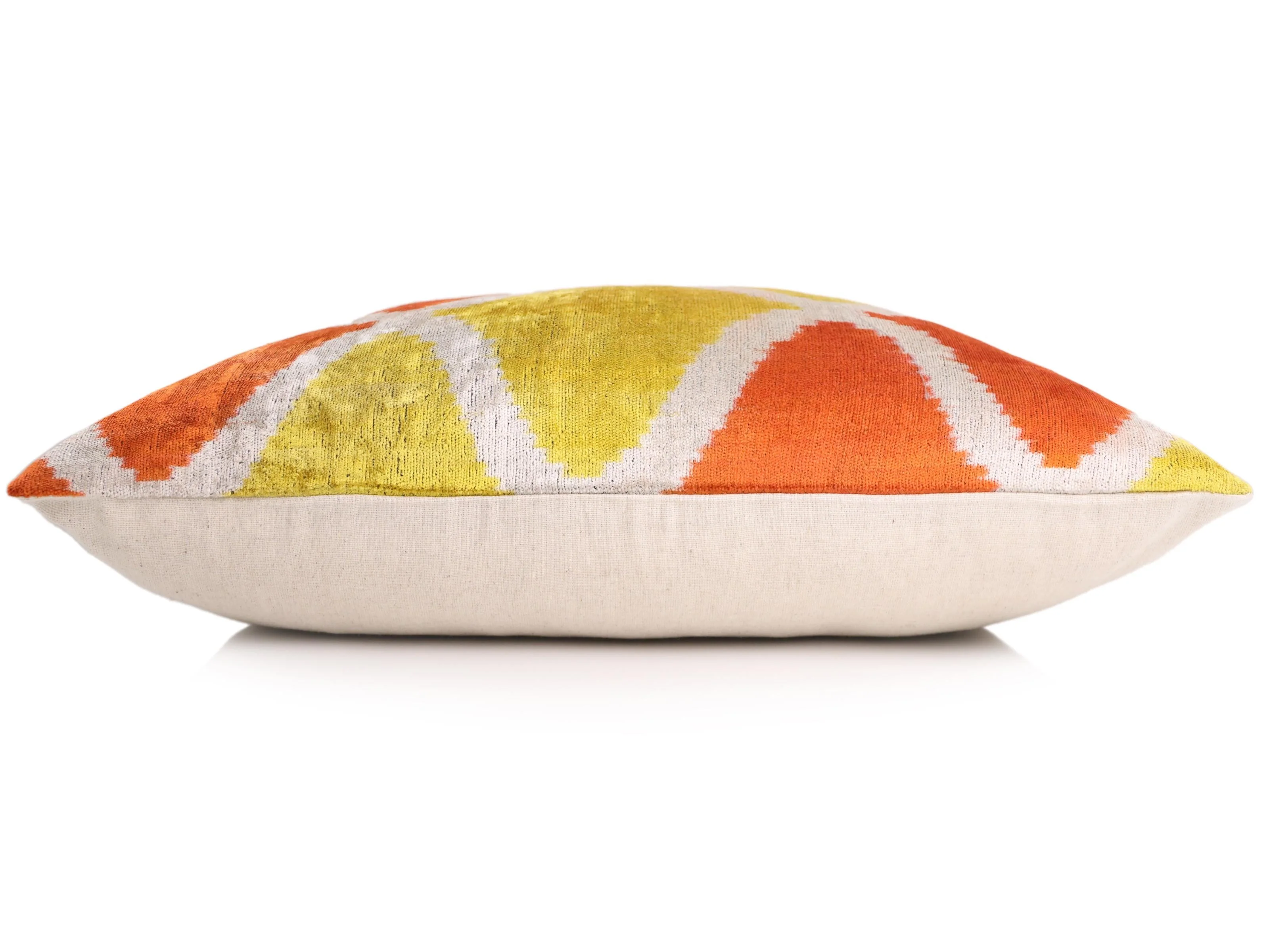 Orange Yellow Silk Velvet Lumbar Pillow – 16x24 Handmade Ikat Luxury Cushion - Image 4