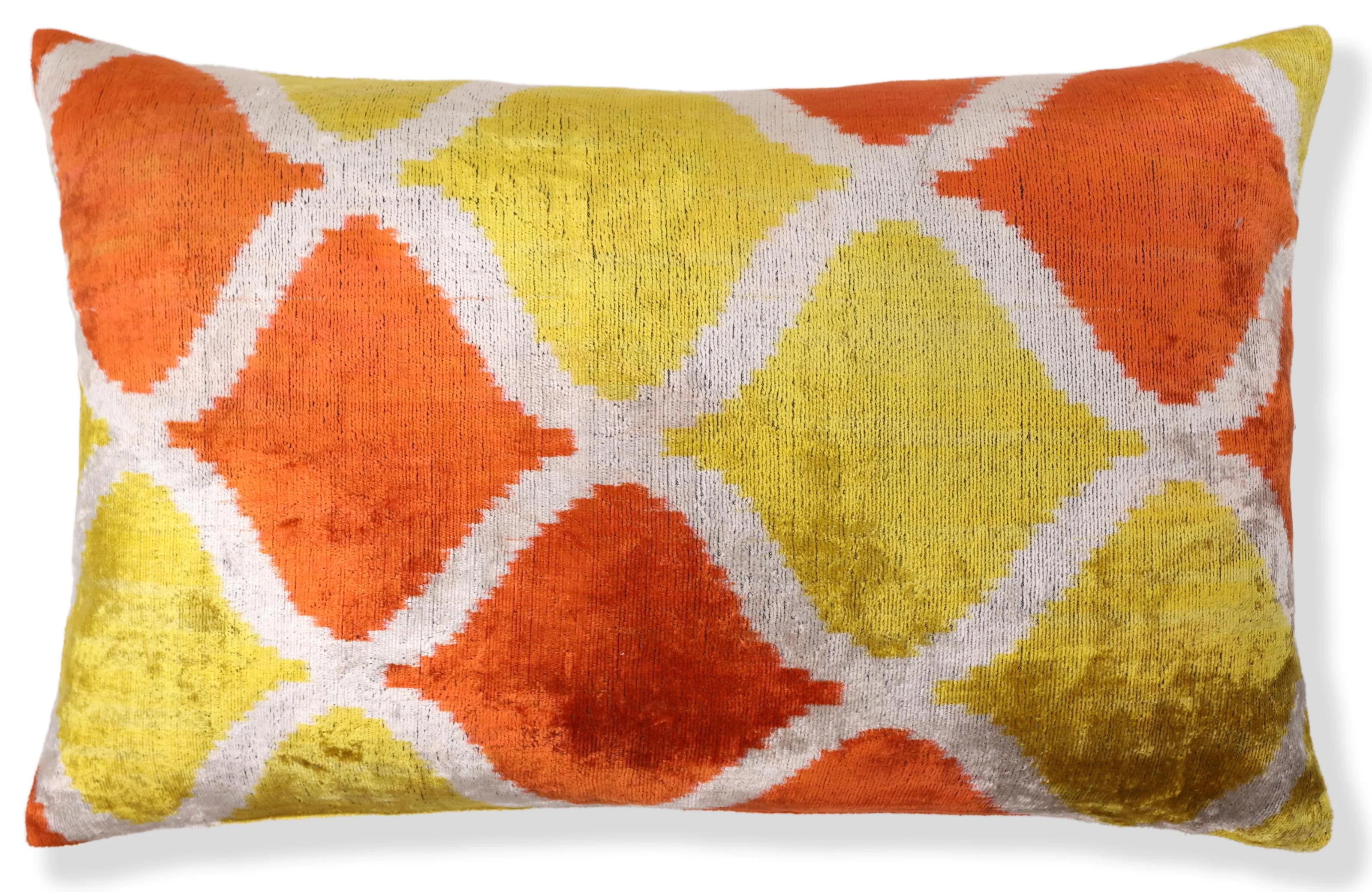Orange Yellow Silk Velvet Lumbar Pillow – 16x24 Handmade Ikat Luxury Cushion - Image 5