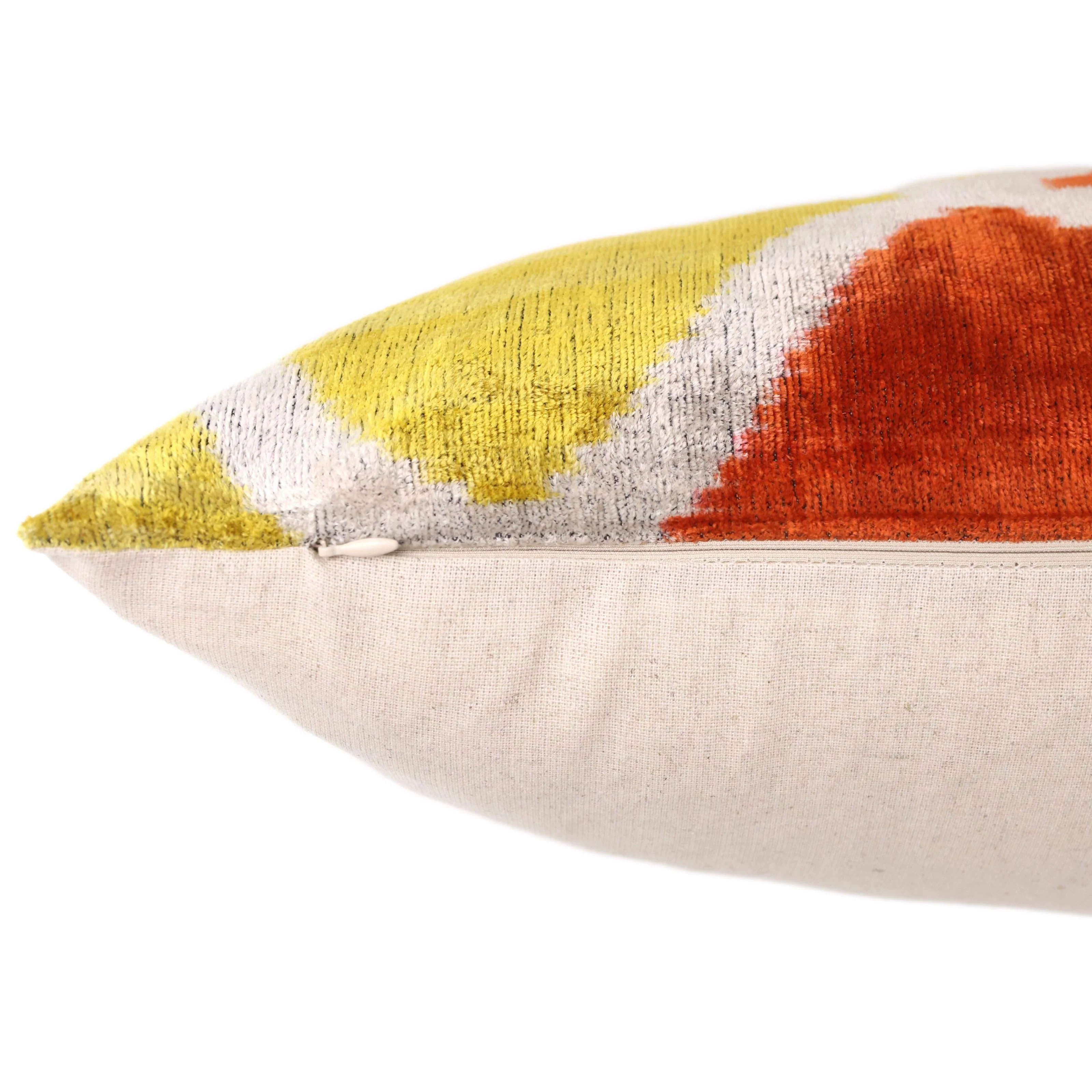 Orange Yellow Silk Velvet Lumbar Pillow – 16x24 Handmade Ikat Luxury Cushion - Image 6