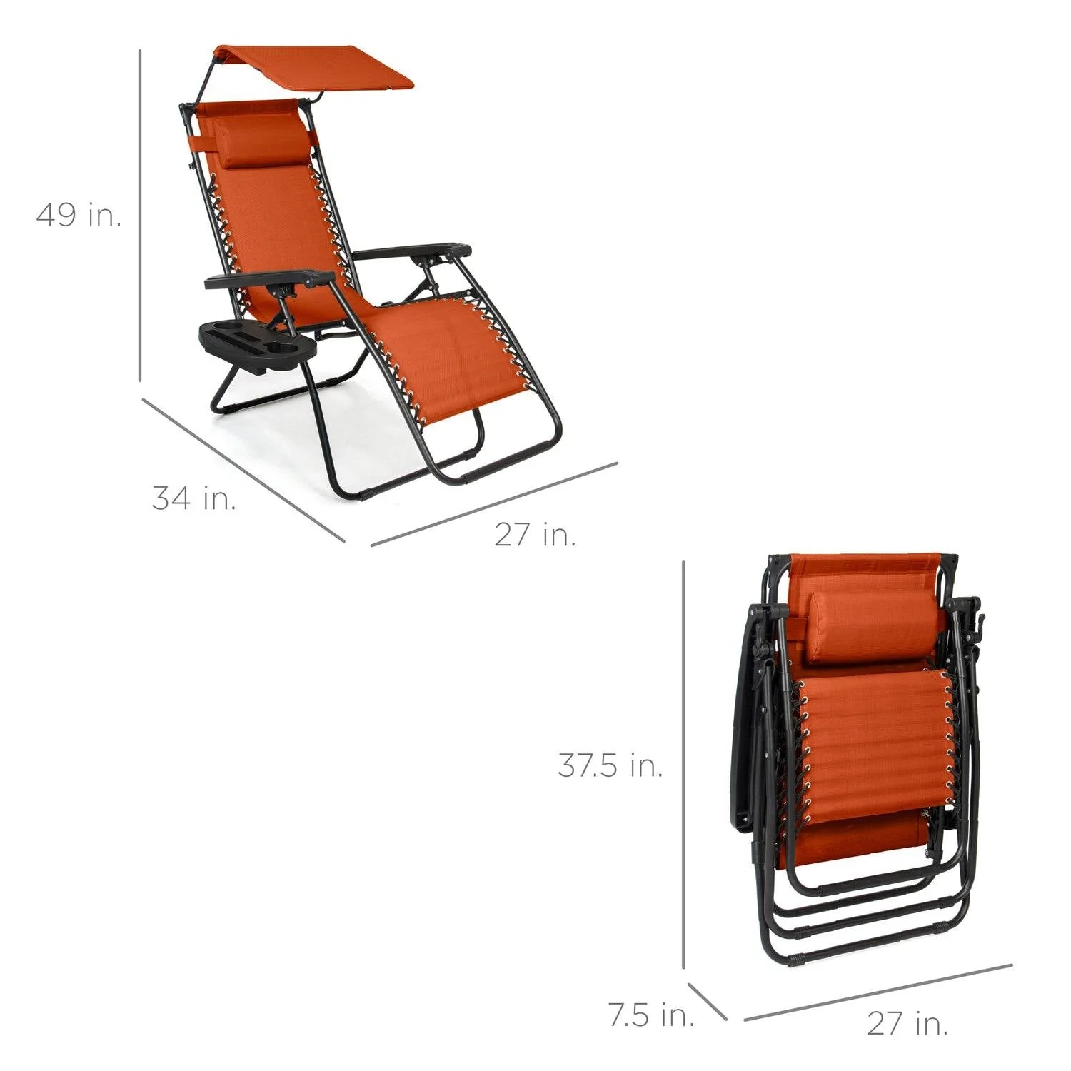 Orange Zero Gravity Folding Reclining Patio Lounge Chair with Canopy Sun Shade - Image 4