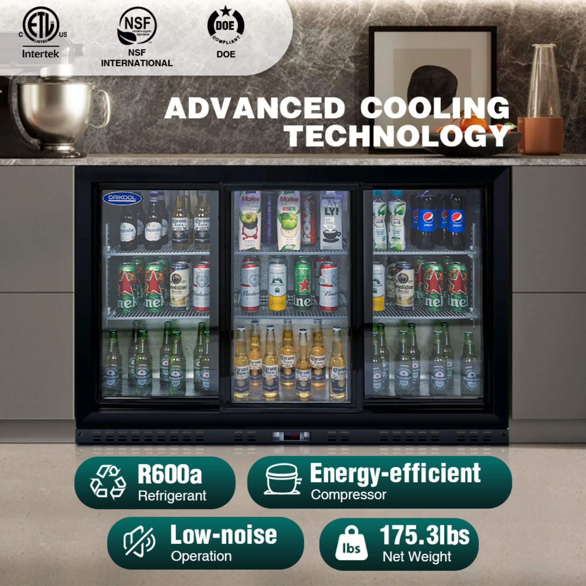 Orikool 53-Inch Energy Efficient Commercial Back Bar Drink Cooler With LED Lighting And 3 Glass Doors (SAK12097) - Image 4