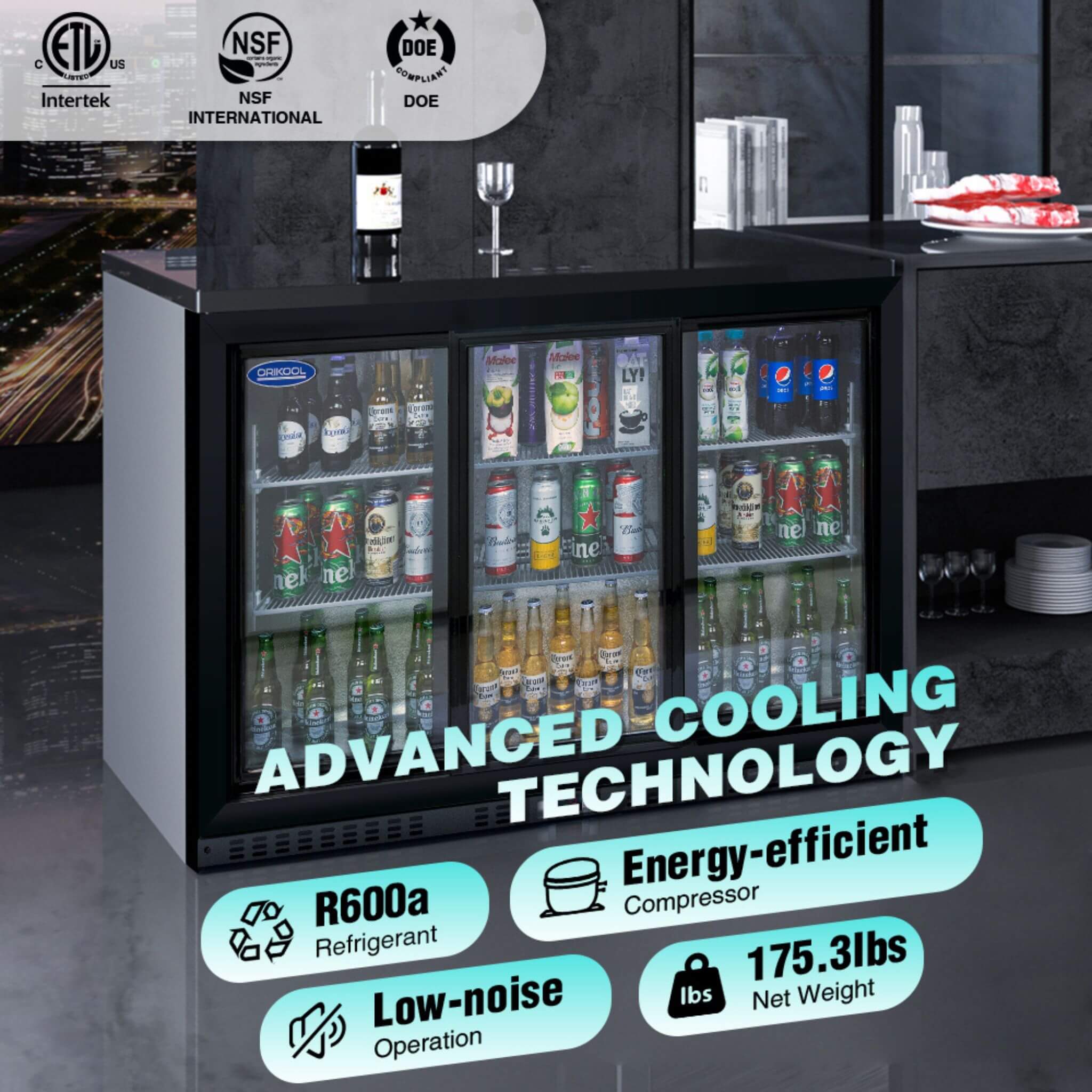 Orikool 53-Inch Energy Efficient Commercial Back Bar Drink Cooler With LED Lighting And 3 Glass Doors (SAK12097) - Image 7